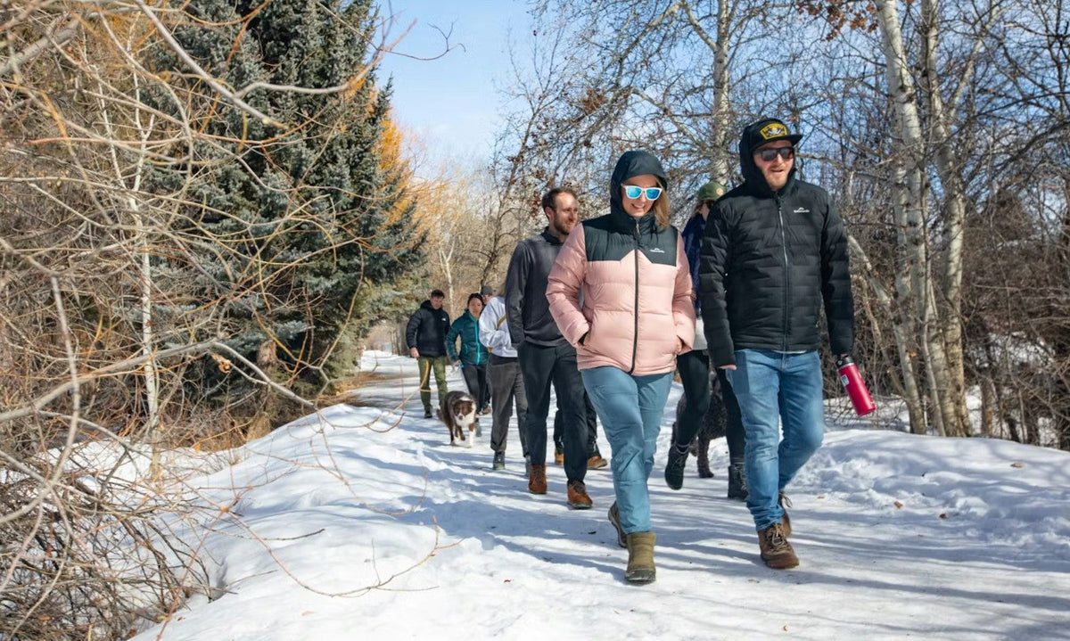 The Oboz Footwear team takes a winter walk together through the trails of Bozeman.