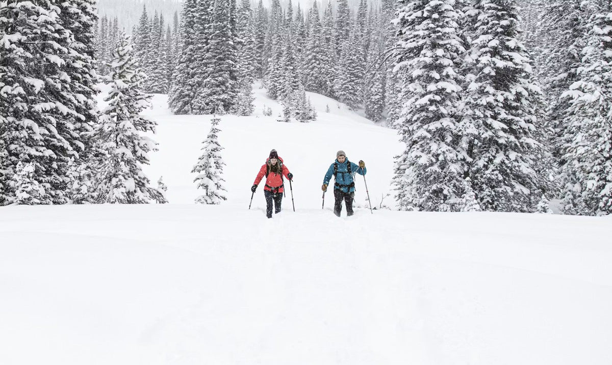 Two people snowshoe in in deep snow wearing Oboz Bridger Insulated hiking boots.