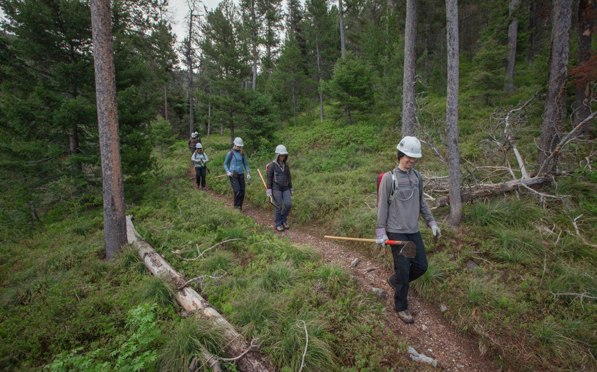 A member of the Oboz team doing trail work on their adopted section of the CDT.