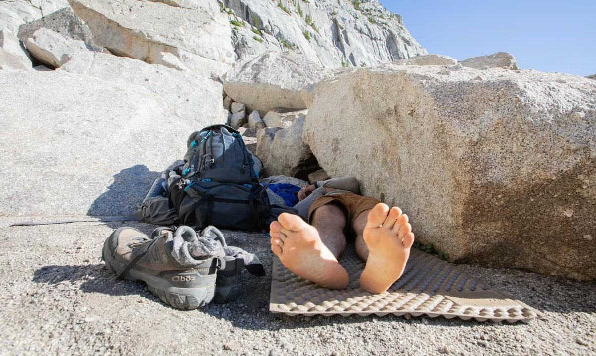 Taking a break while hiking in the Oboz Sawtooth hiking shoe.
