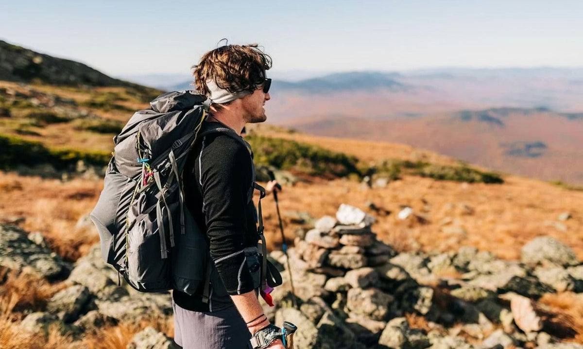 A man with a large backpack gazes out over apline terrain.