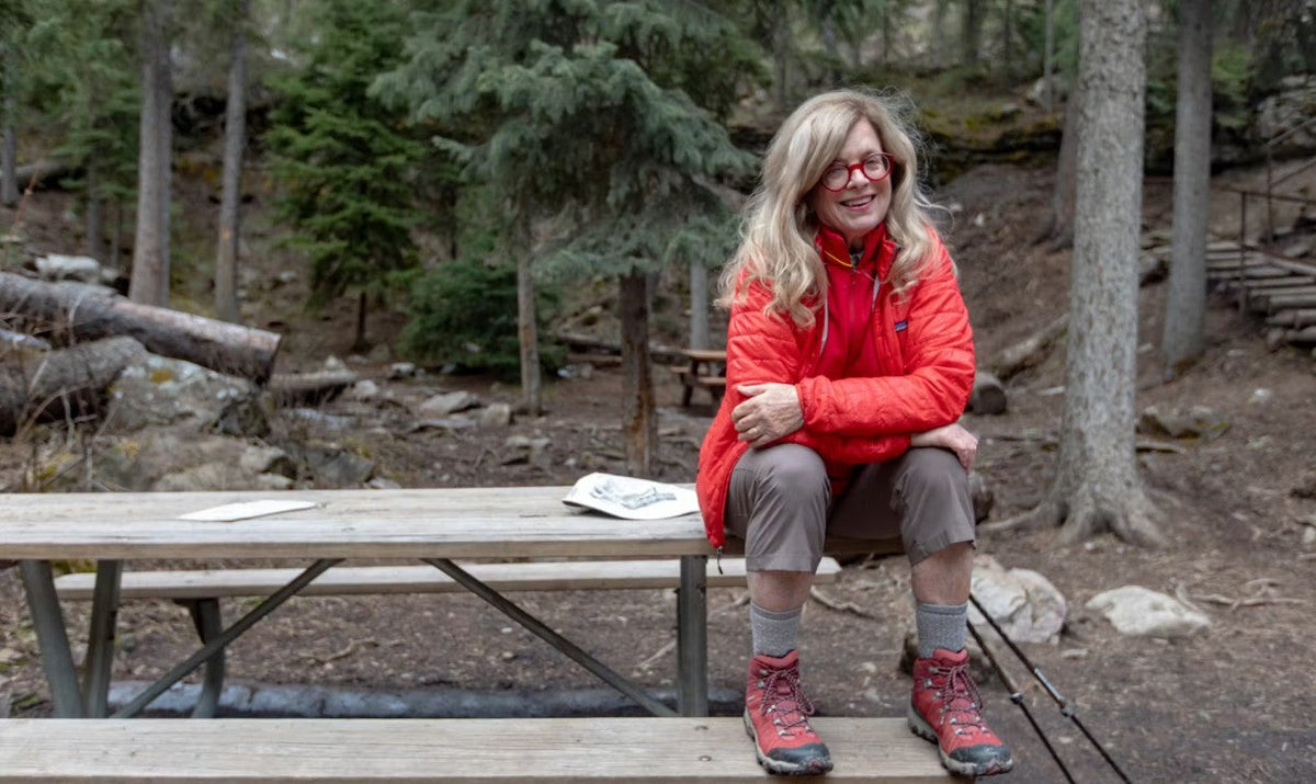 Oboz Local Hero Jo Giese on a hike at Ousel Falls, in Big Sky, Montana.