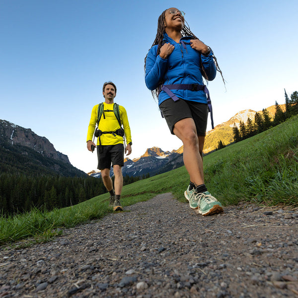Woman hiking in Montana mountain in Oboz Sawtooth Ascent hiking boots.