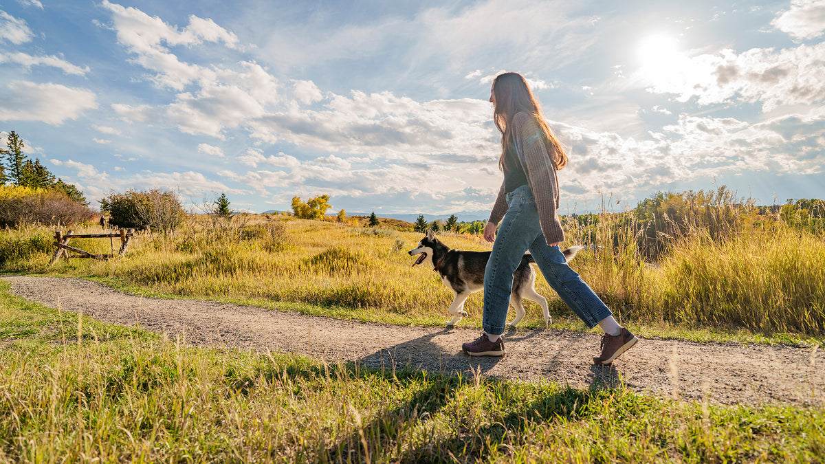A woman walks along a dirt path in a grassy field with a dog under a bright sky with clouds.