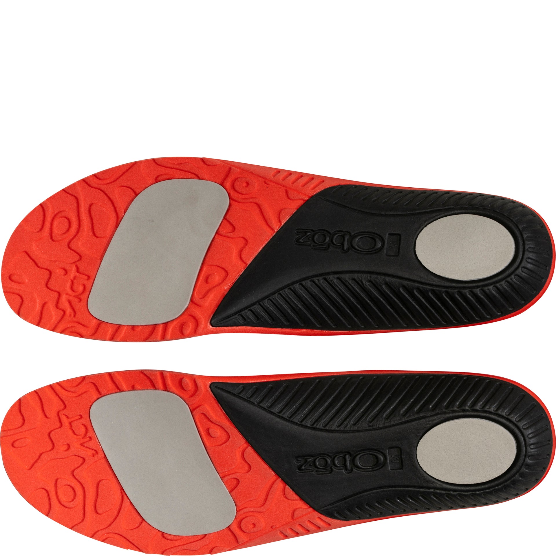 Bottom view of a pair of red Unity Blaze Oboz Trail insoles