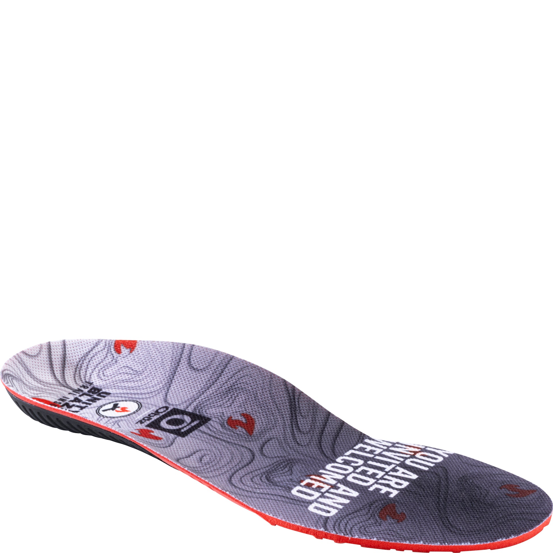 Angled view of a red Unity Blaze Oboz Trail insole