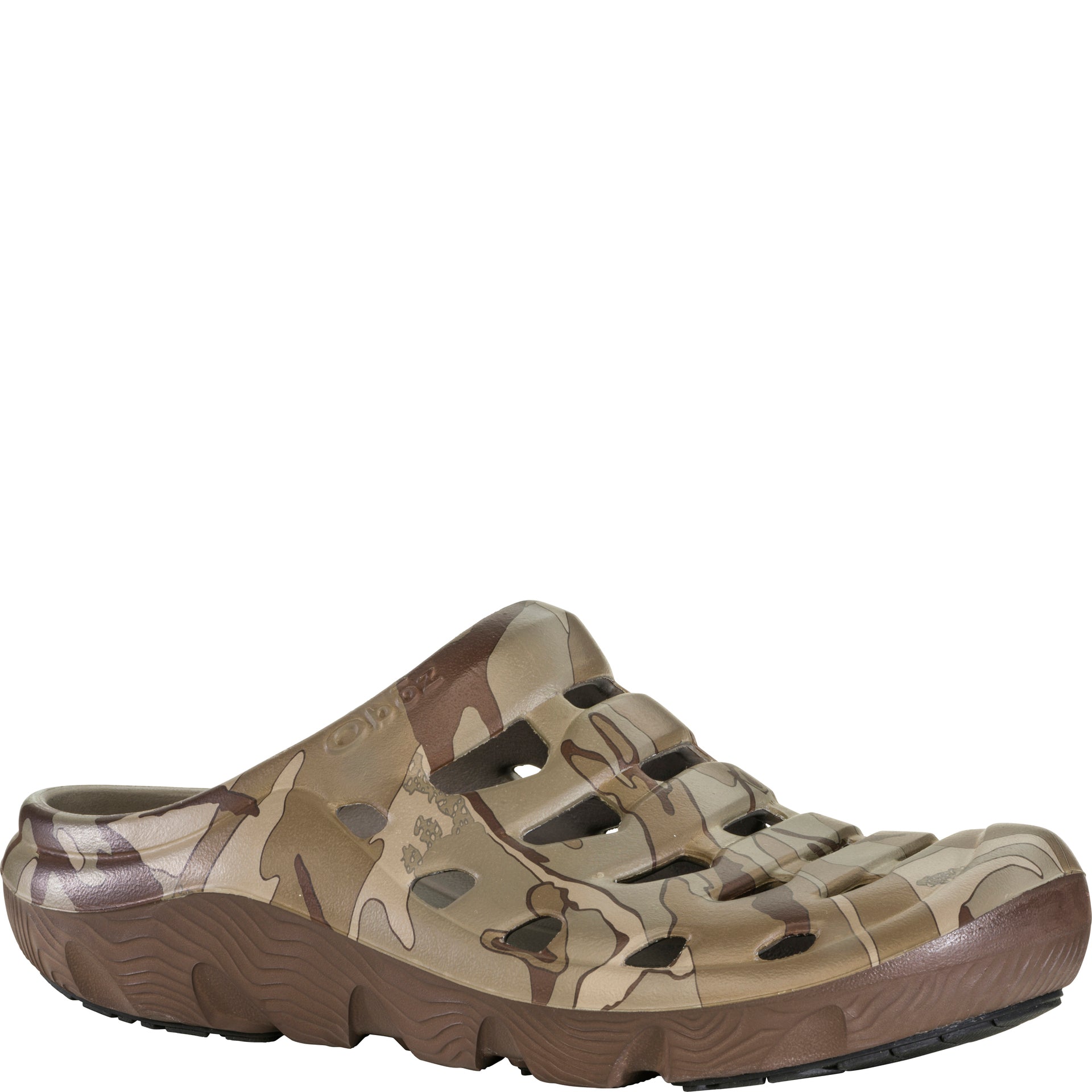 Oboz Whakatā Coast in Rockfall Camo outside view showing a ventilated slip on design and easy entry structure for casual recovery wear