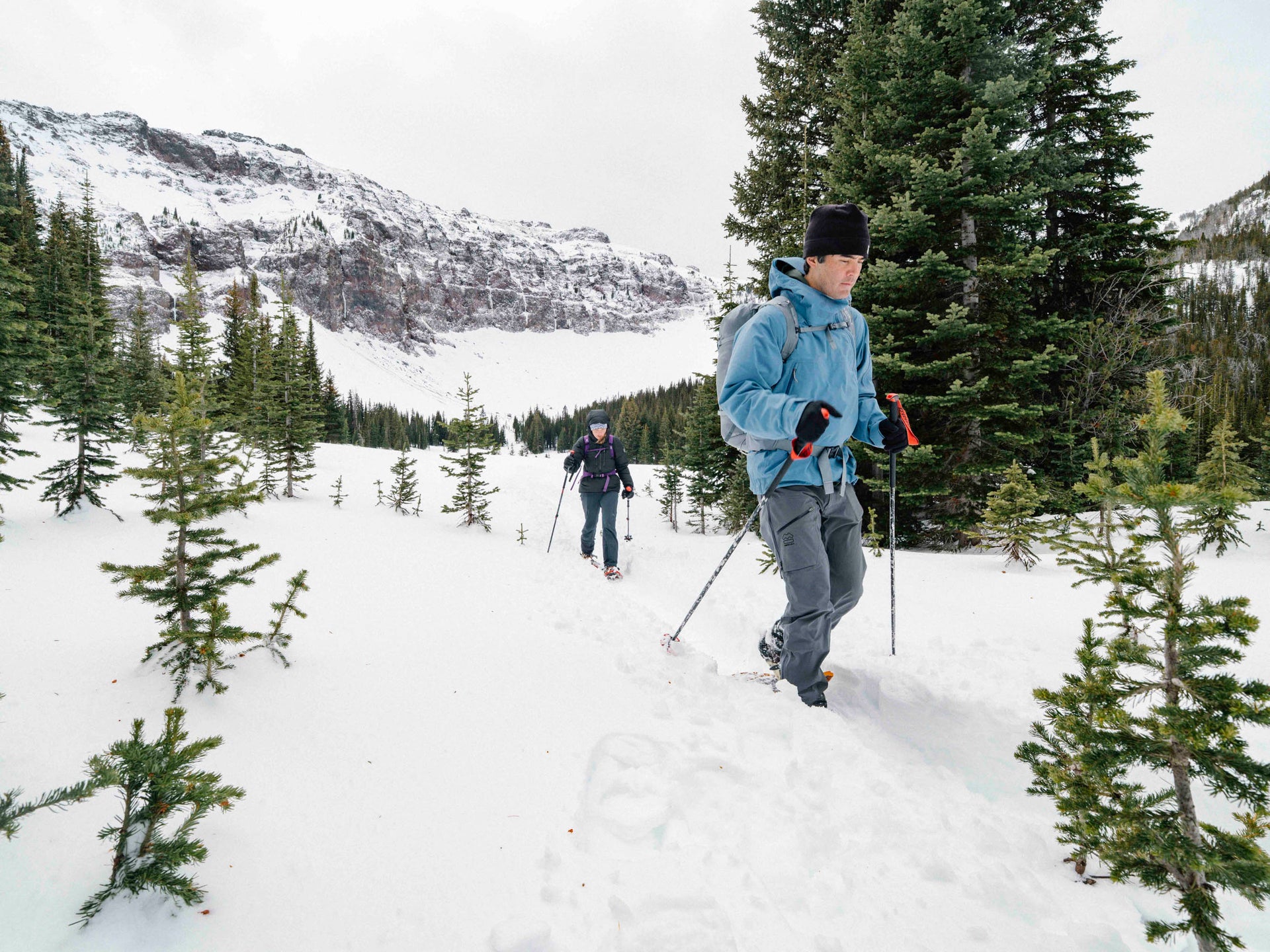 Person snowshoeing in a snowy landscape with trees and mountains.
