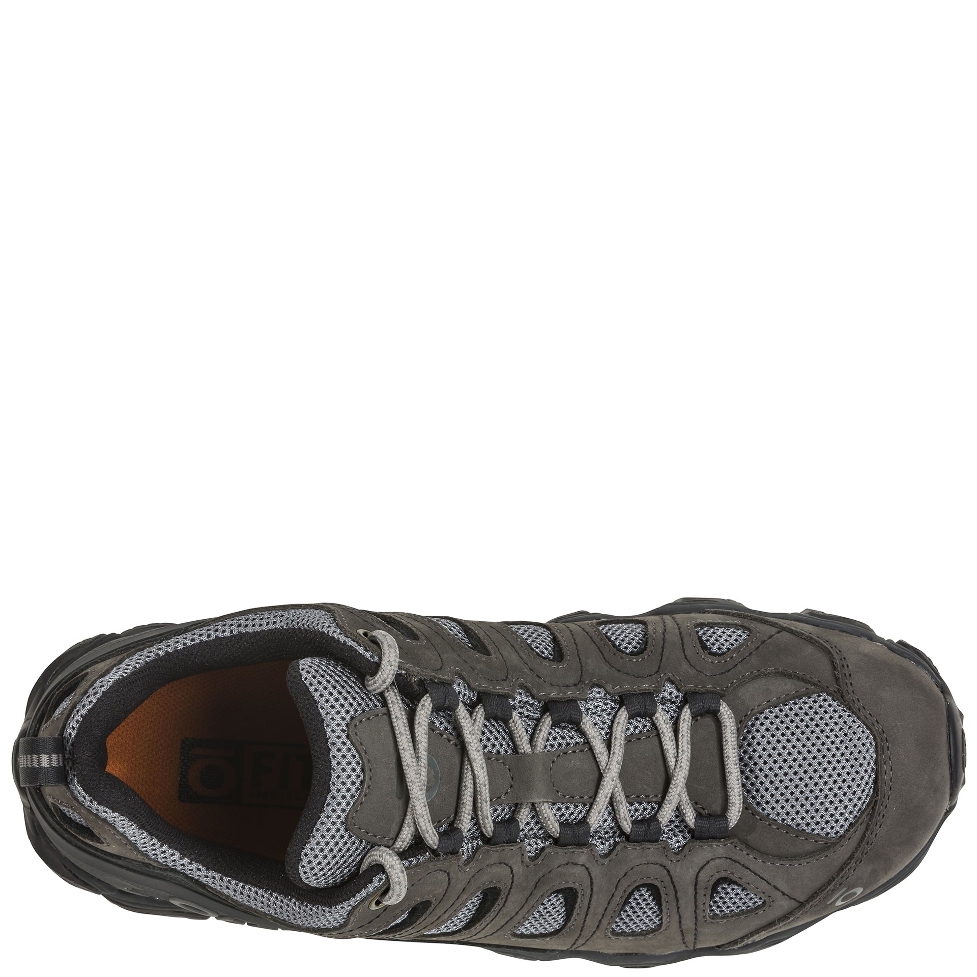 Oboz Men’s Sawtooth II Low shoe, top view showing the shoelaces and O Fit insole