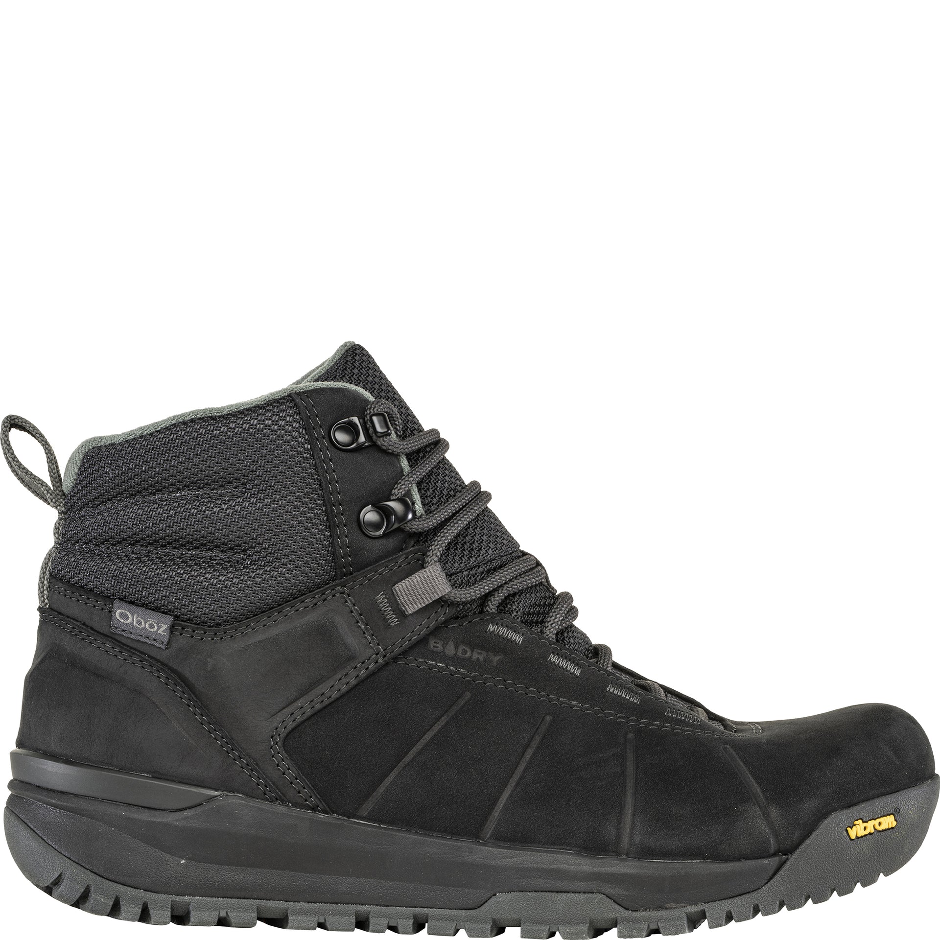 Outside view of the Oboz Men’s Andesite Mid Insulated Waterproof boot in Black Sea showing the leather and B-Dry logo