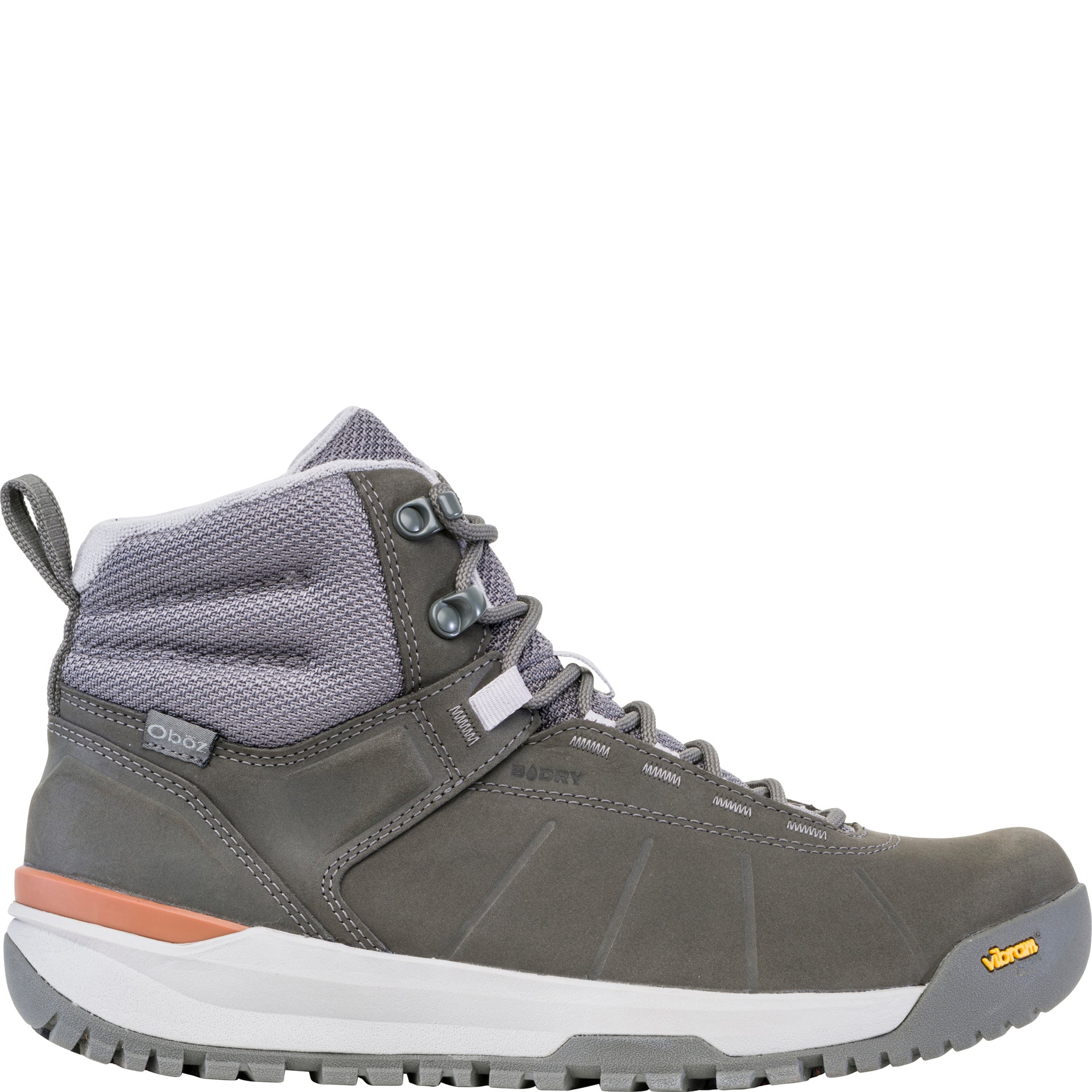 Oboz Andesite Mid Insulated Waterproof boot in Charcoal, outside view showing mid-height leather upper and Vibram outsole