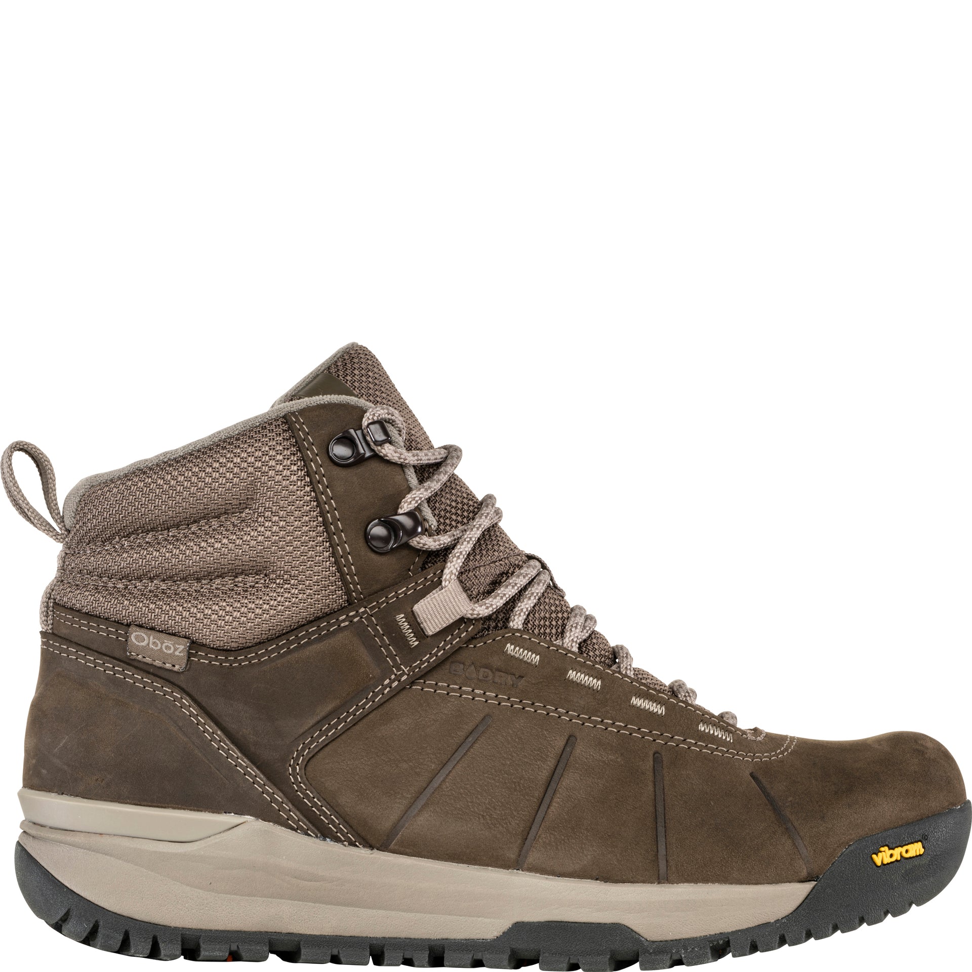 Oboz Andesite Mid Insulated Waterproof boot in Pebble Brown, outside view showing mid-height leather upper and Vibram outsole