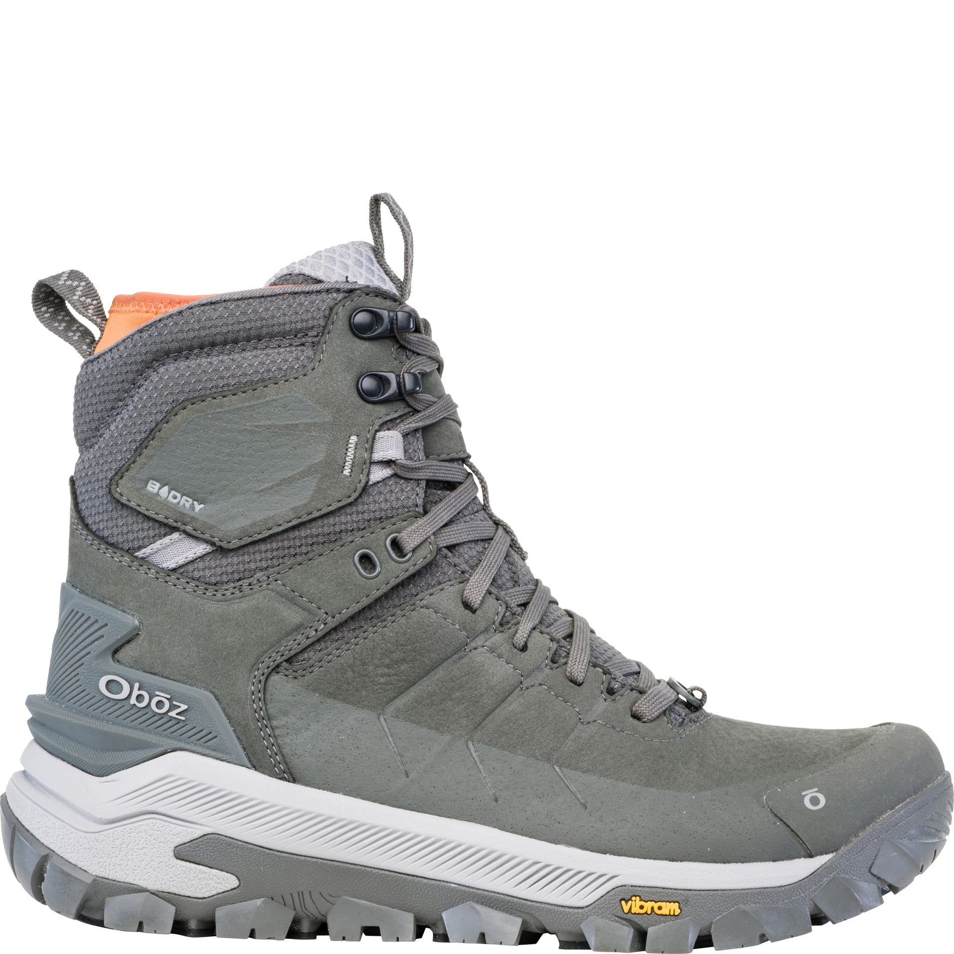 Outside view of the Men’s Bangtail Mid Insulated Waterproof boot in charcoal gray showing the B-Dry logo and leather upper