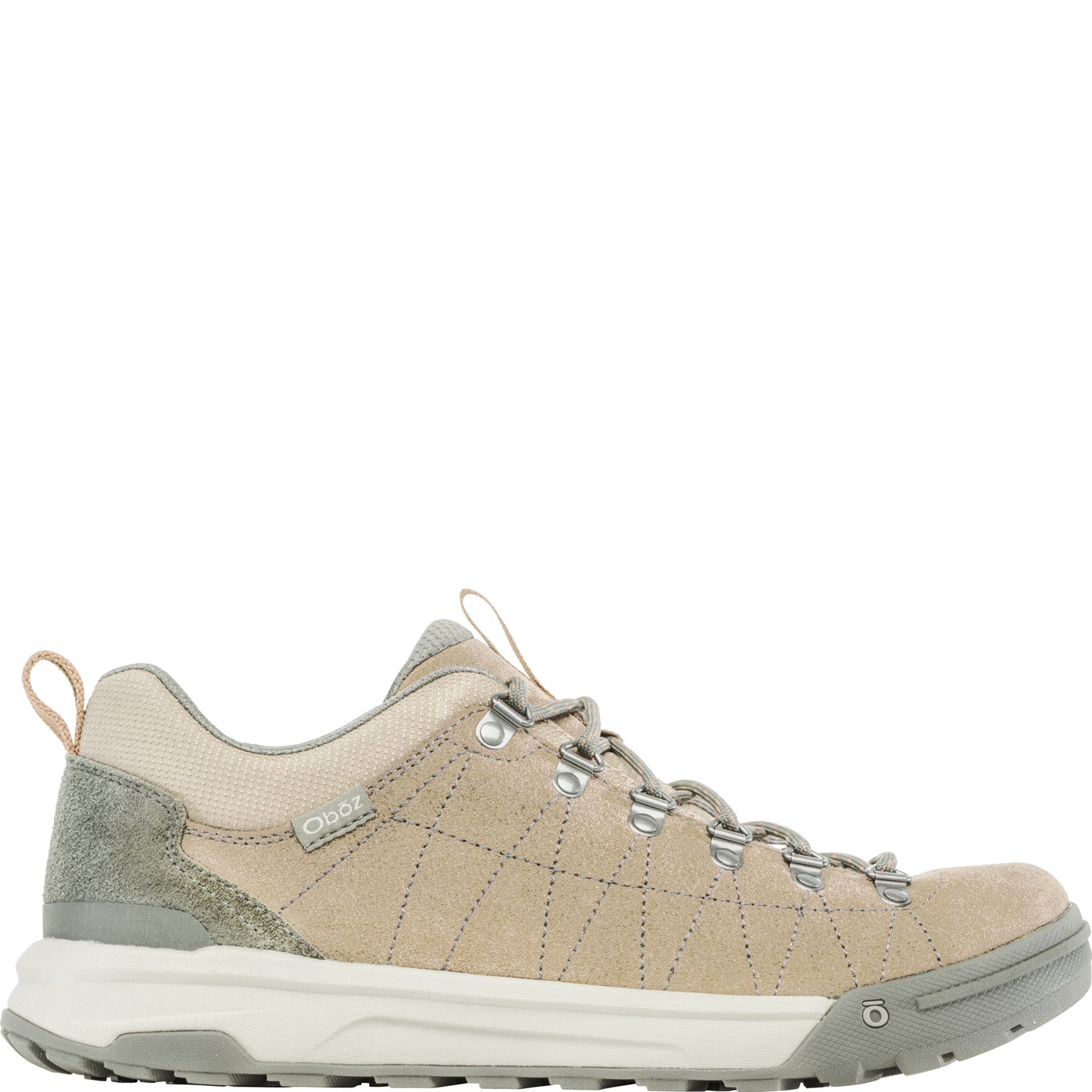 Side view of men’s Oboz Beall Low Suede shoe in Faded Bark showing the leather upper