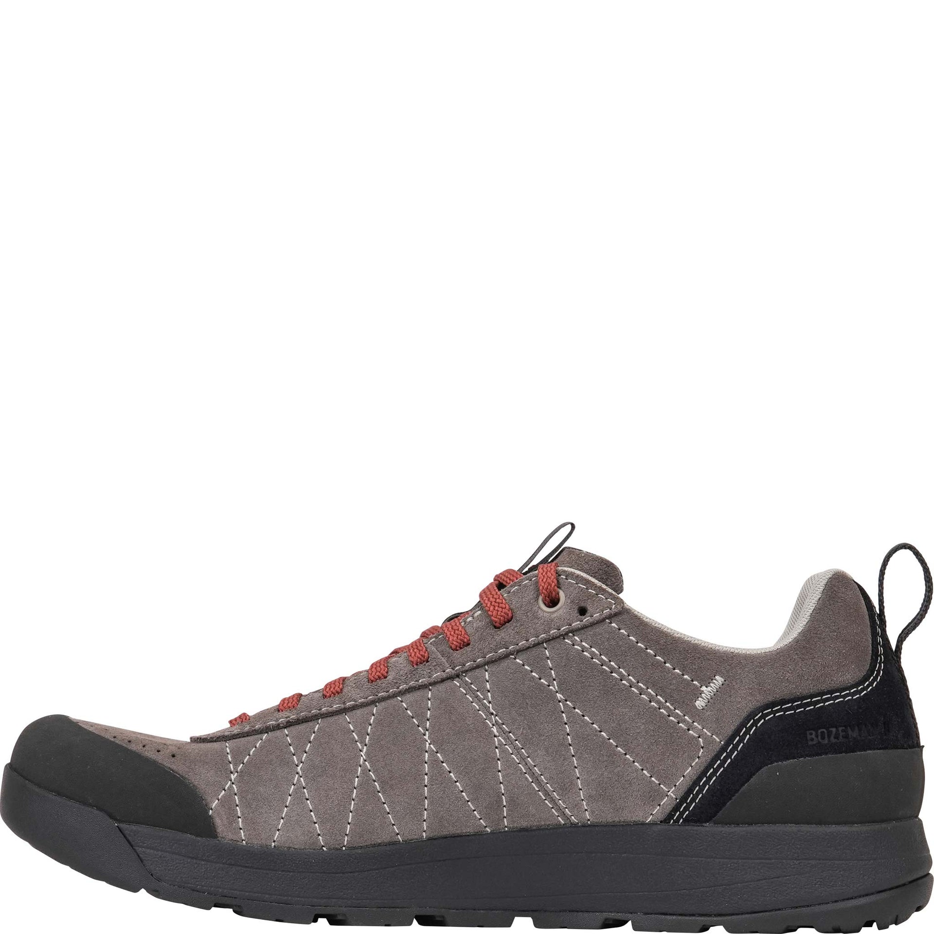 Inside view of the gray Bozeman II Low shoe showing stitched design, midsole, and Bozeman II stamp