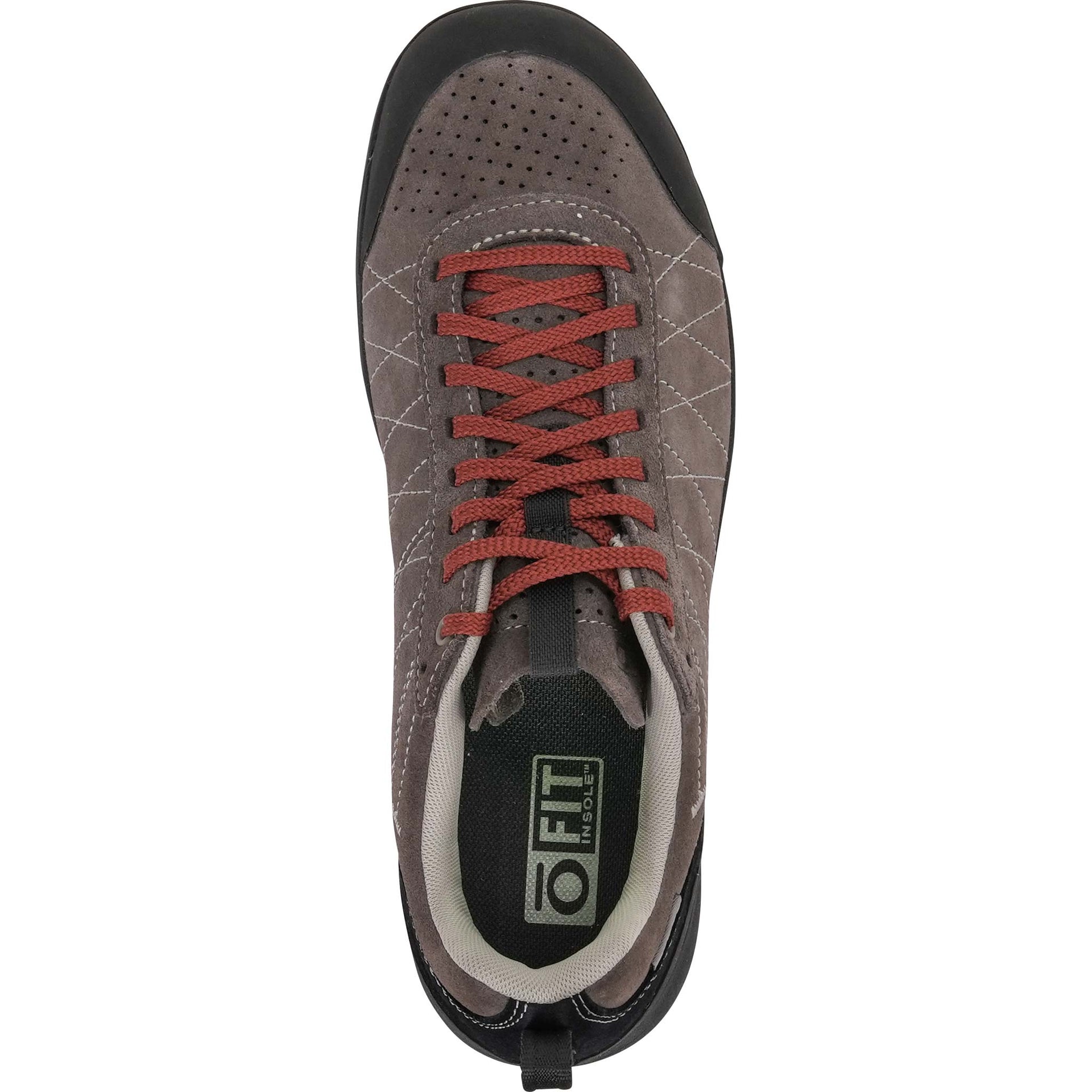 Top view of the gray Bozeman II showing the red laces and O Fit insole.