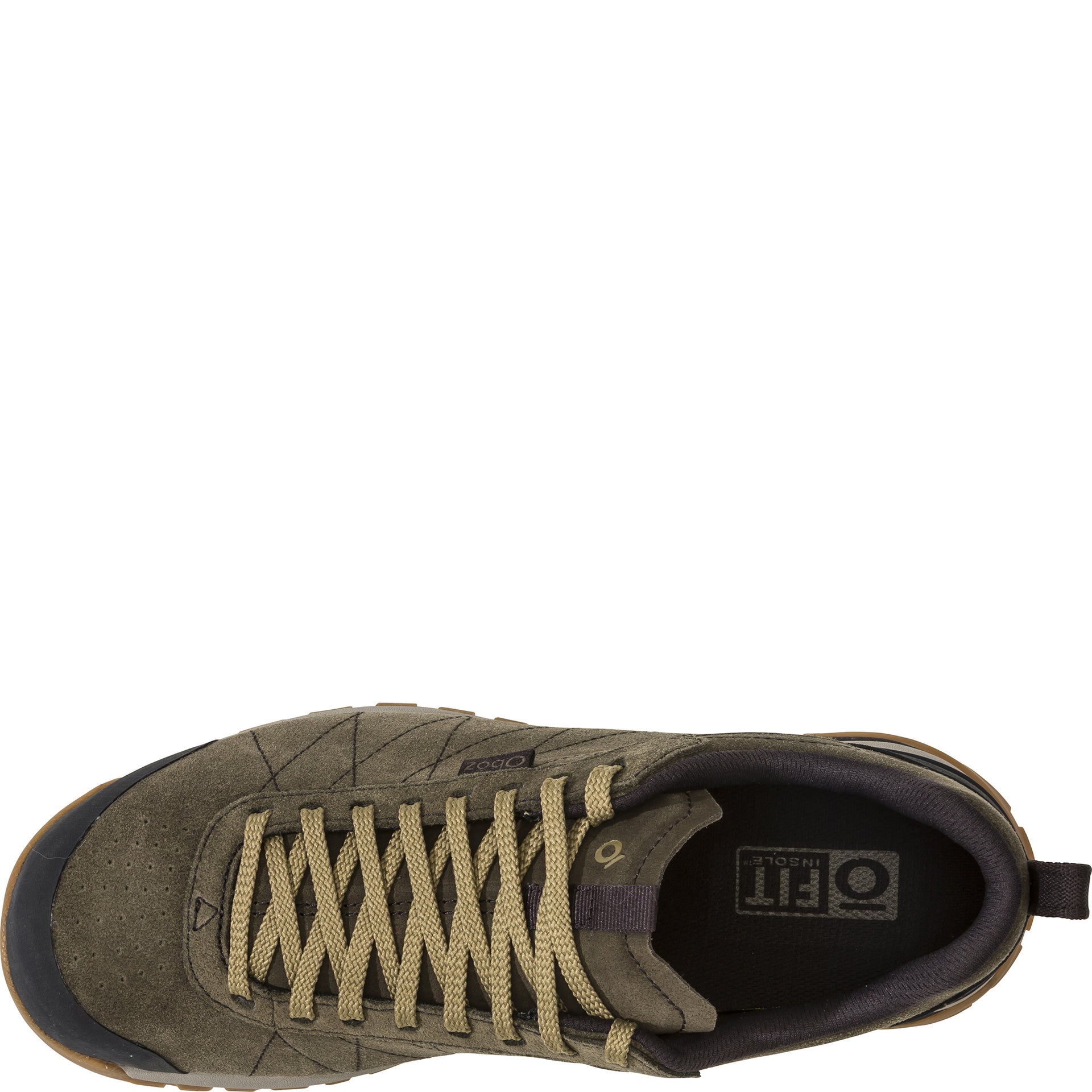 Men’s Bozeman Low Leather shoe, top view showing lace-up closure and O Fit insole