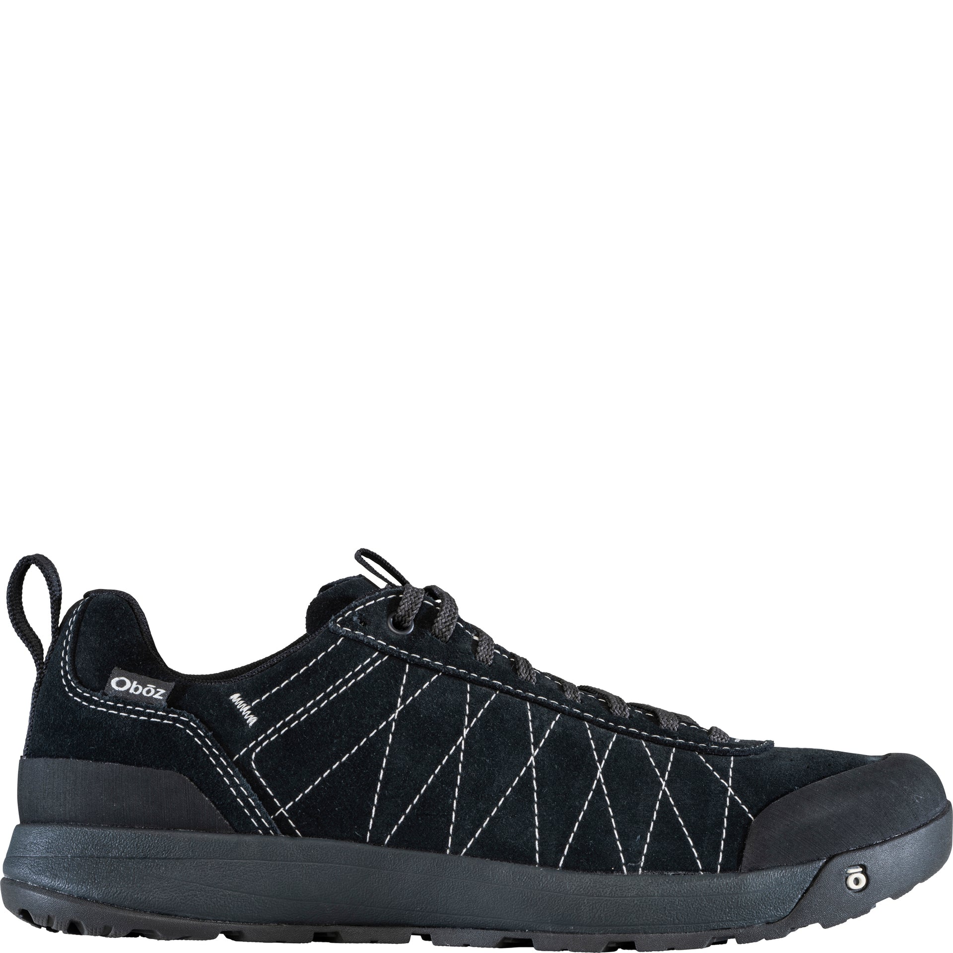 Outside view of the Men’s Bozeman II Low shoe in Black Sea showing the Oboz logo and white detail stitching