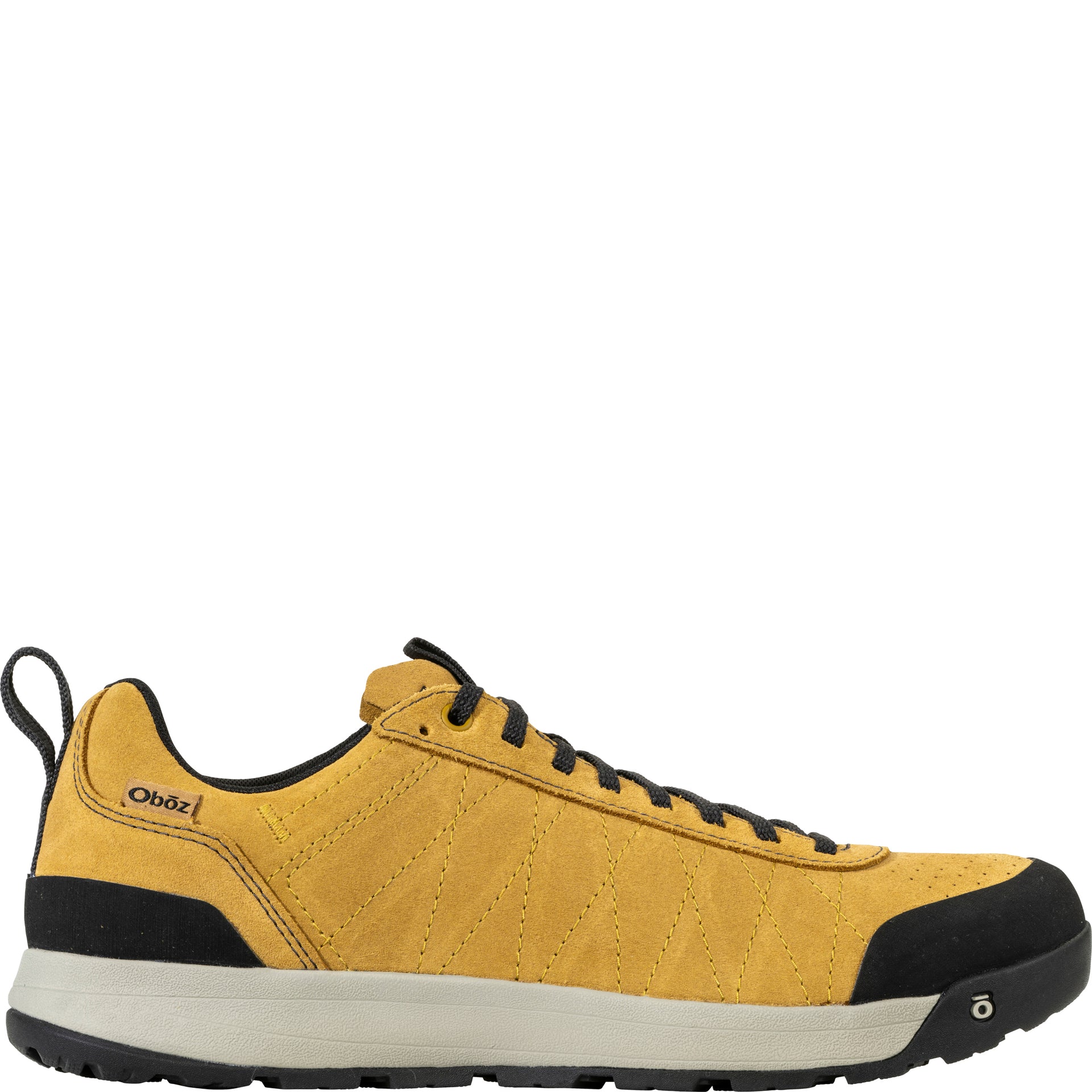 Outside view of the Men’s Bozeman II Low shoe in Sulphur showing the Oboz logo and side design