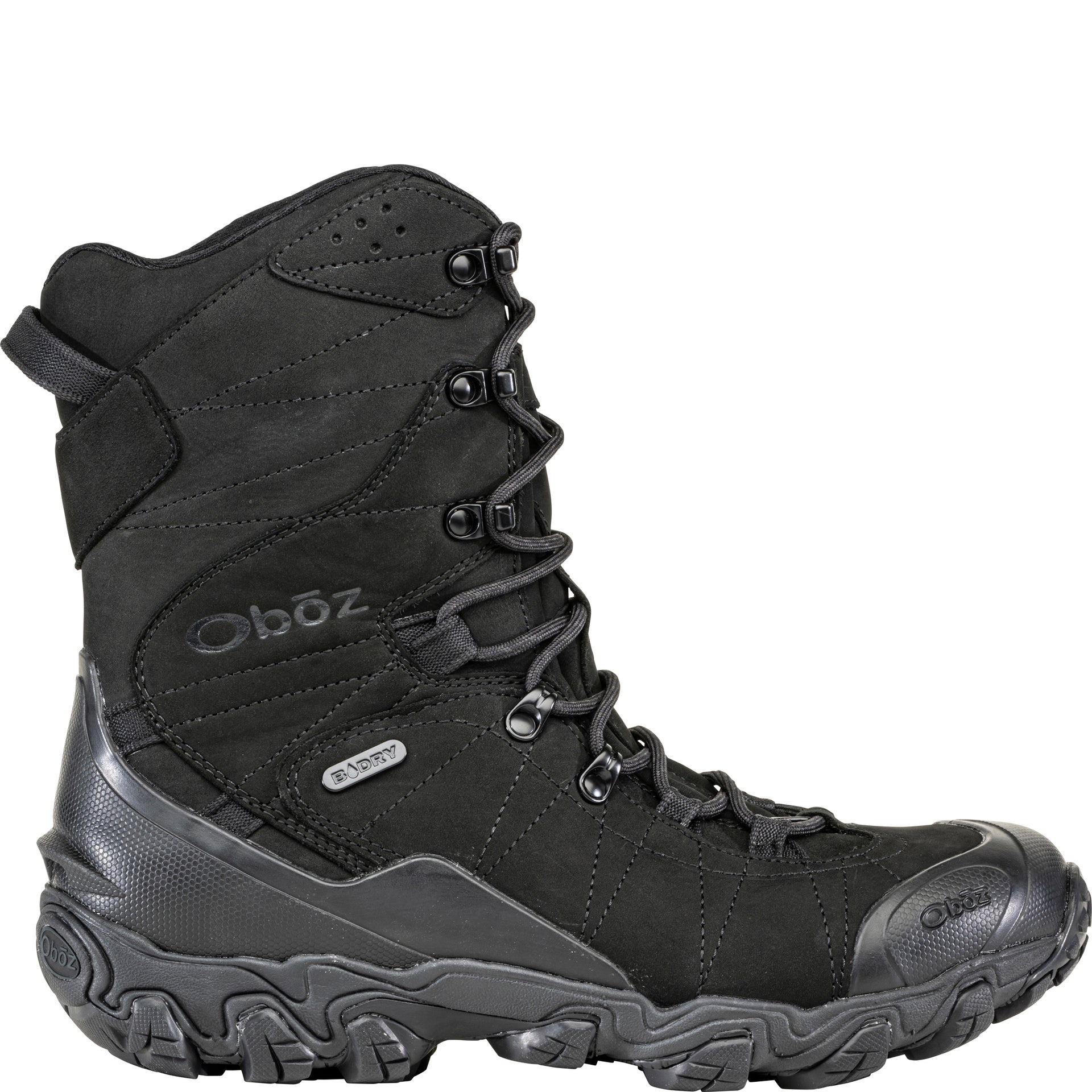 Oboz Bridger 10" Insulated Waterproof snow boot in Black Sea, outside view showing 10-inch leather upper and B-DRY logo
