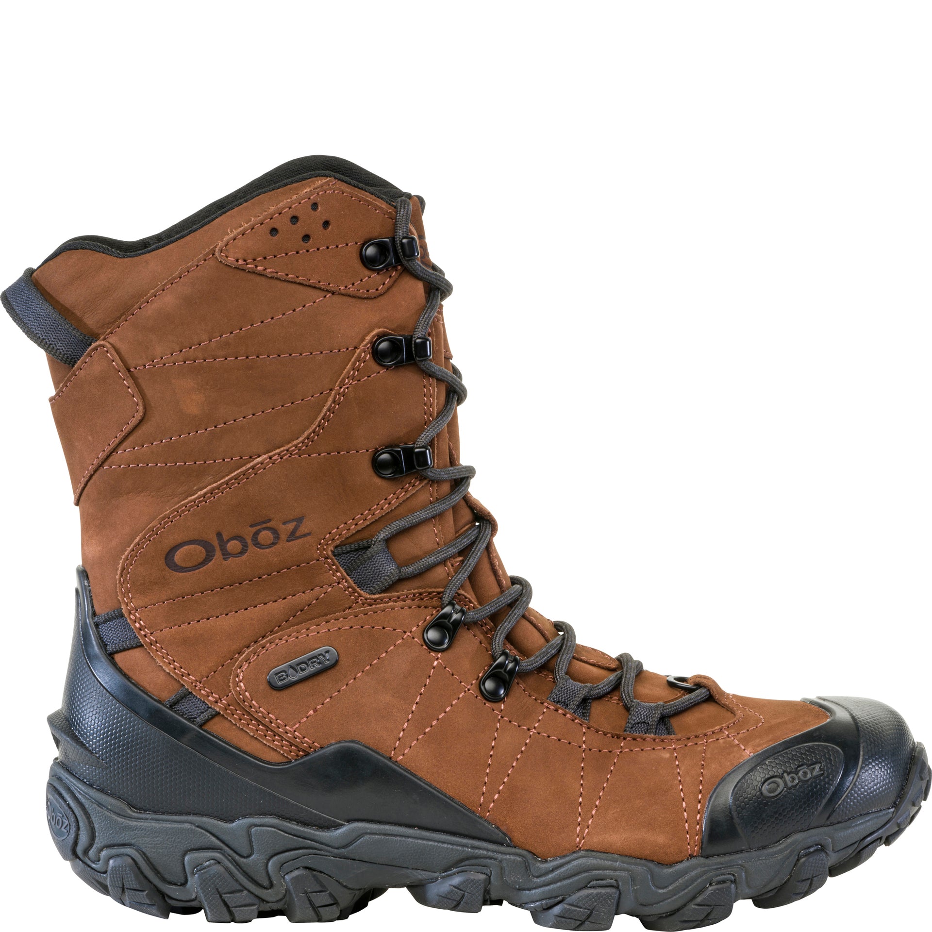 Oboz Bridger 10" Insulated Waterproof snow boot in Grizzly Brown, outside view showing 10-inch leather upper and B-DRY logo