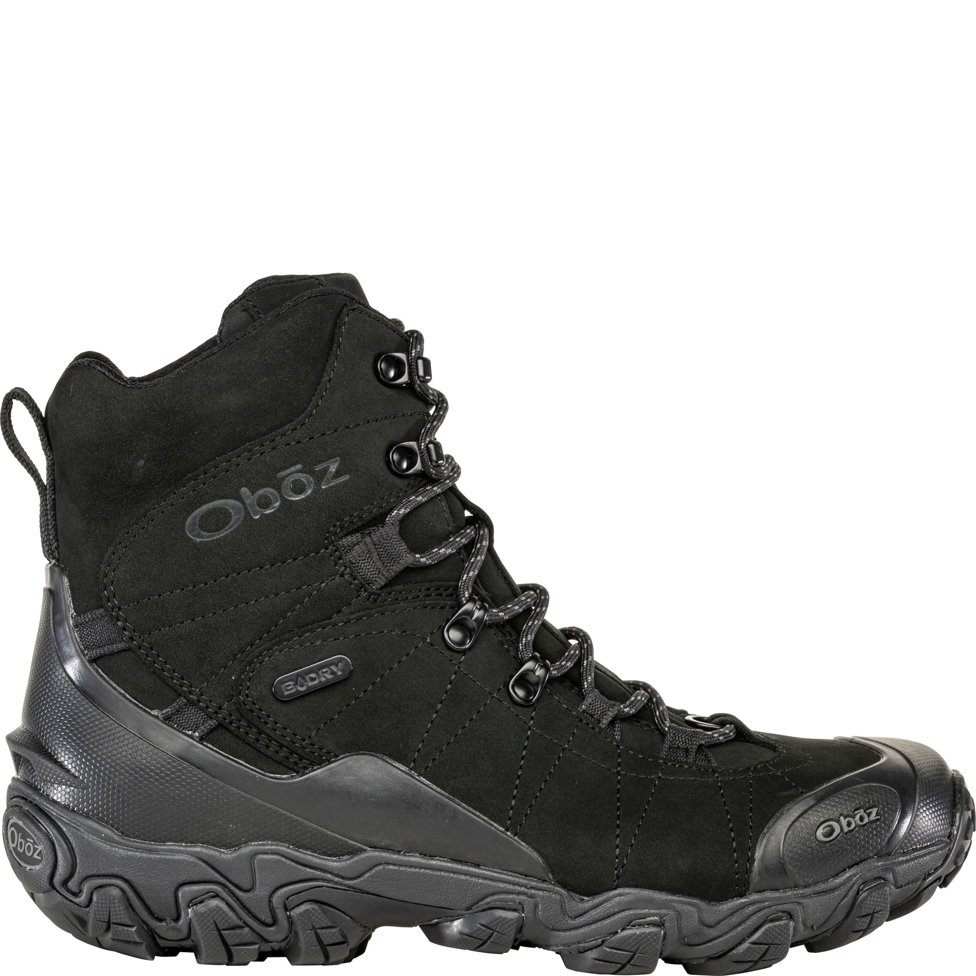 Oboz Bridger 8" Insulated Waterproof snow boot in Black Sea, outside view showing 8-inch leather upper and B-DRY logo