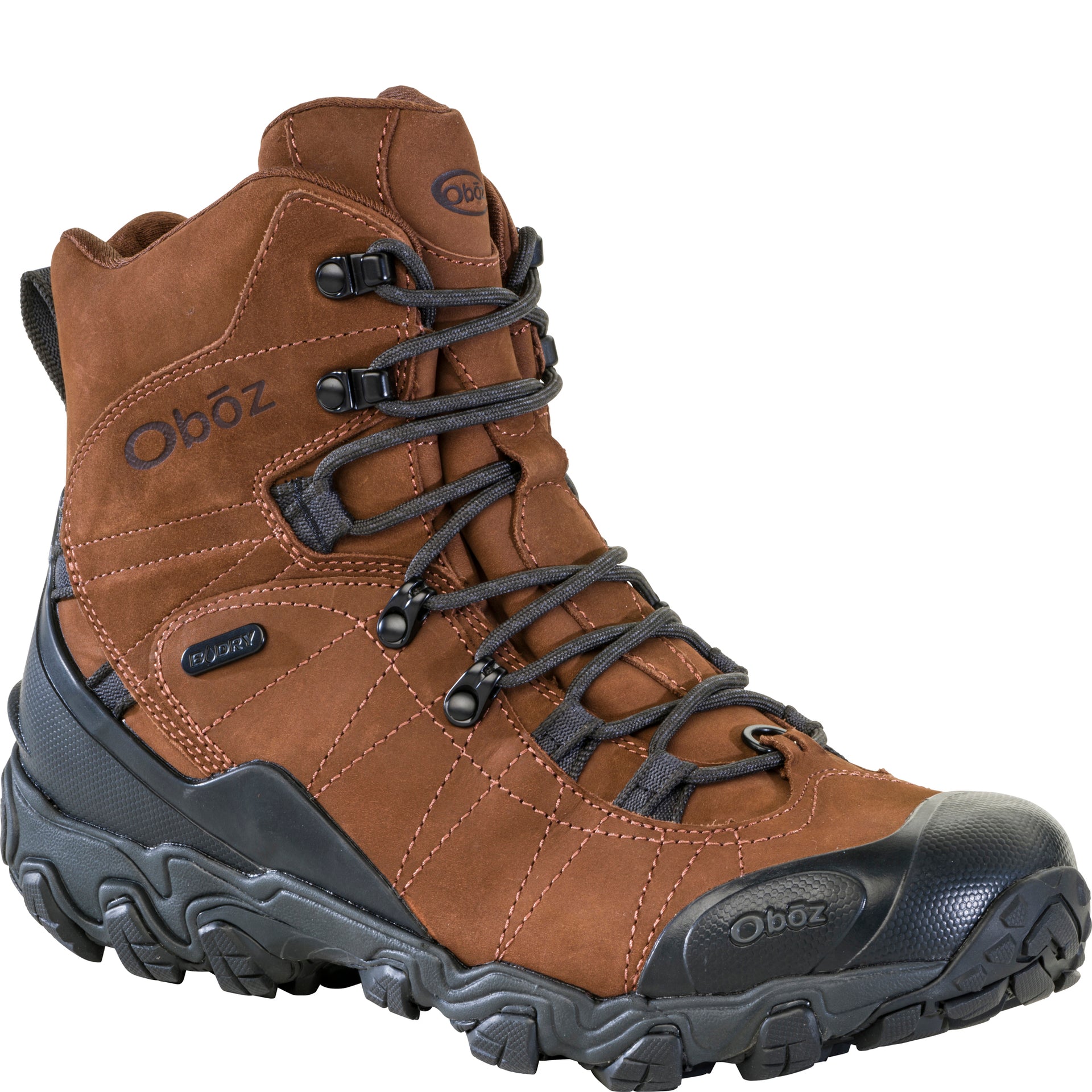 Brown snow boot with black sole on a white background