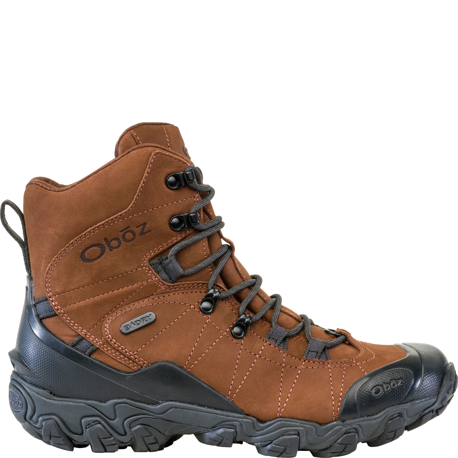 Oboz Bridger 8" Insulated Waterproof snow boot in Grizzly, outside view showing 8-inch leather upper and B-DRY logo