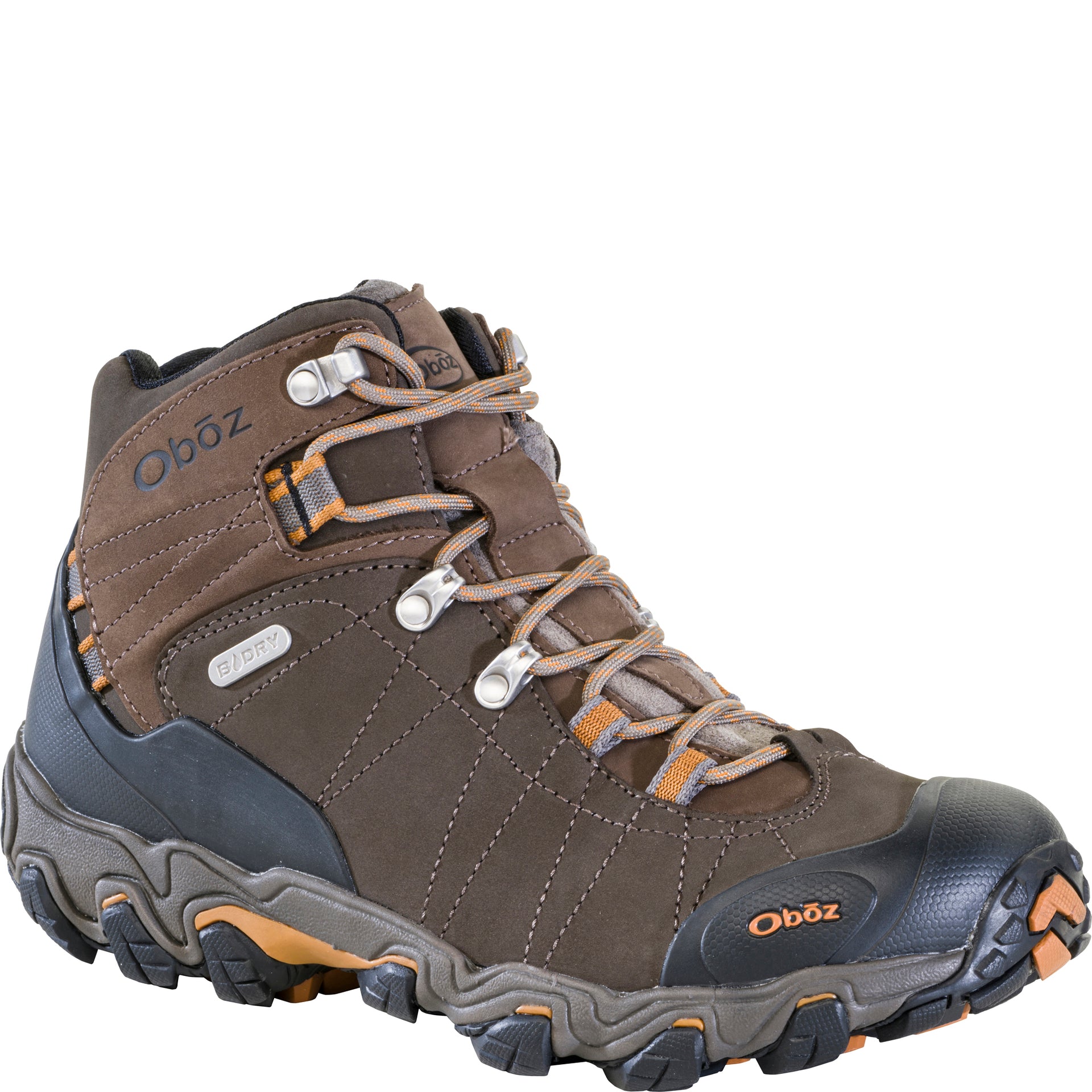Bridger Mid Waterproof boot, angled view showing the rubber toe cap