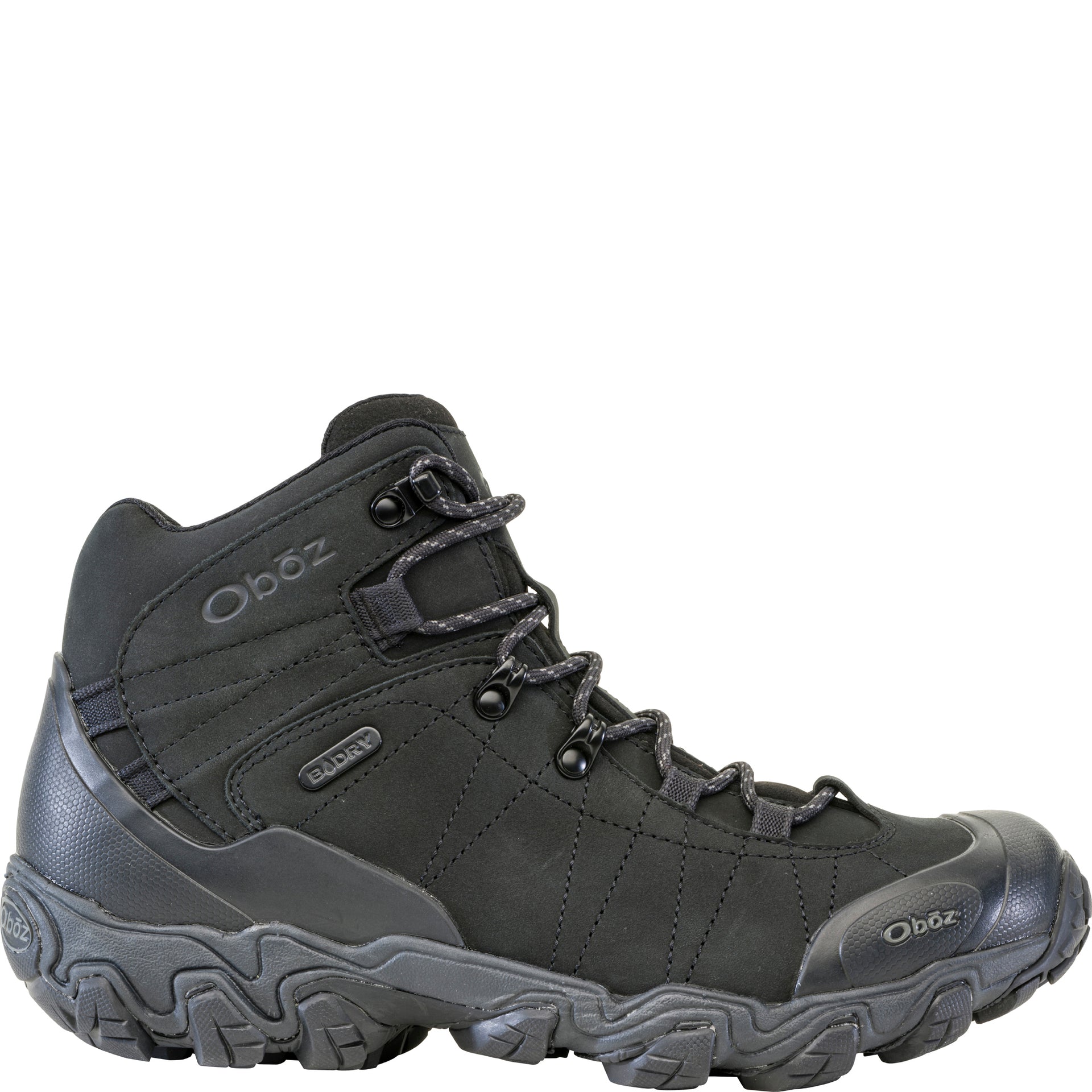 Oboz Bridger Mid Waterproof boot in Black Sea, outside view showing mid-height leather upper rubber heel and toe protection