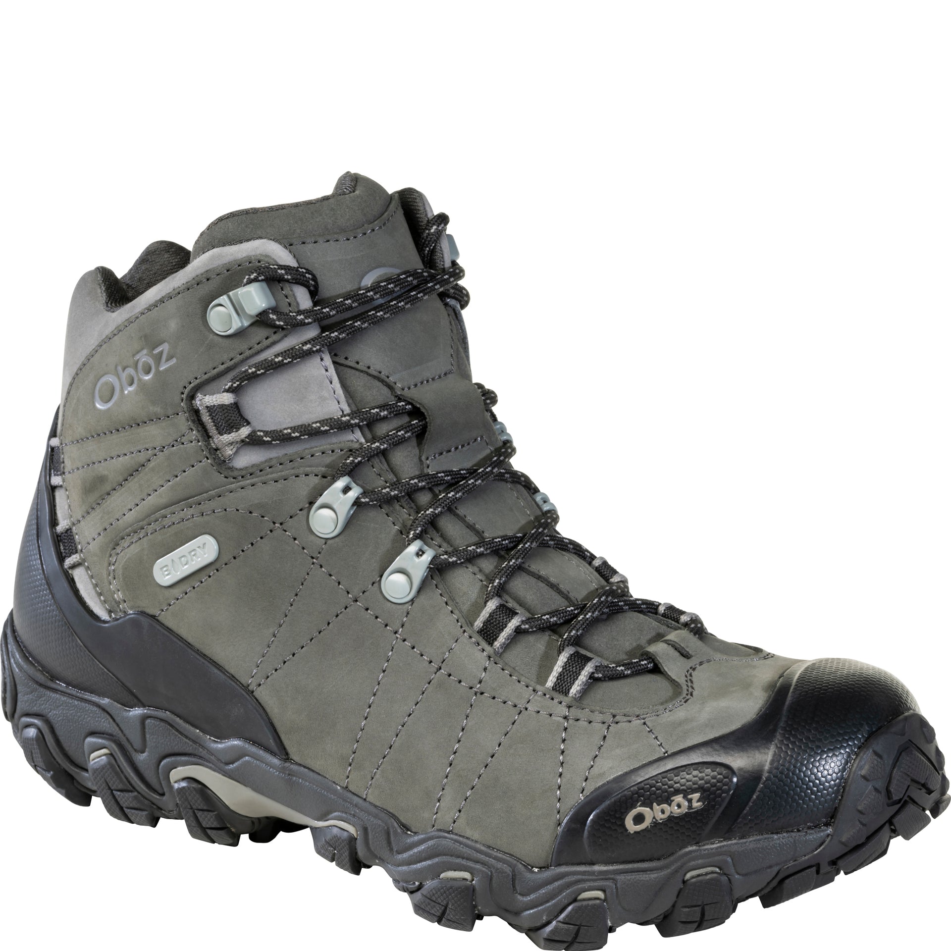 Bridger Mid Waterproof boot, angled view showing the rubber toe cap