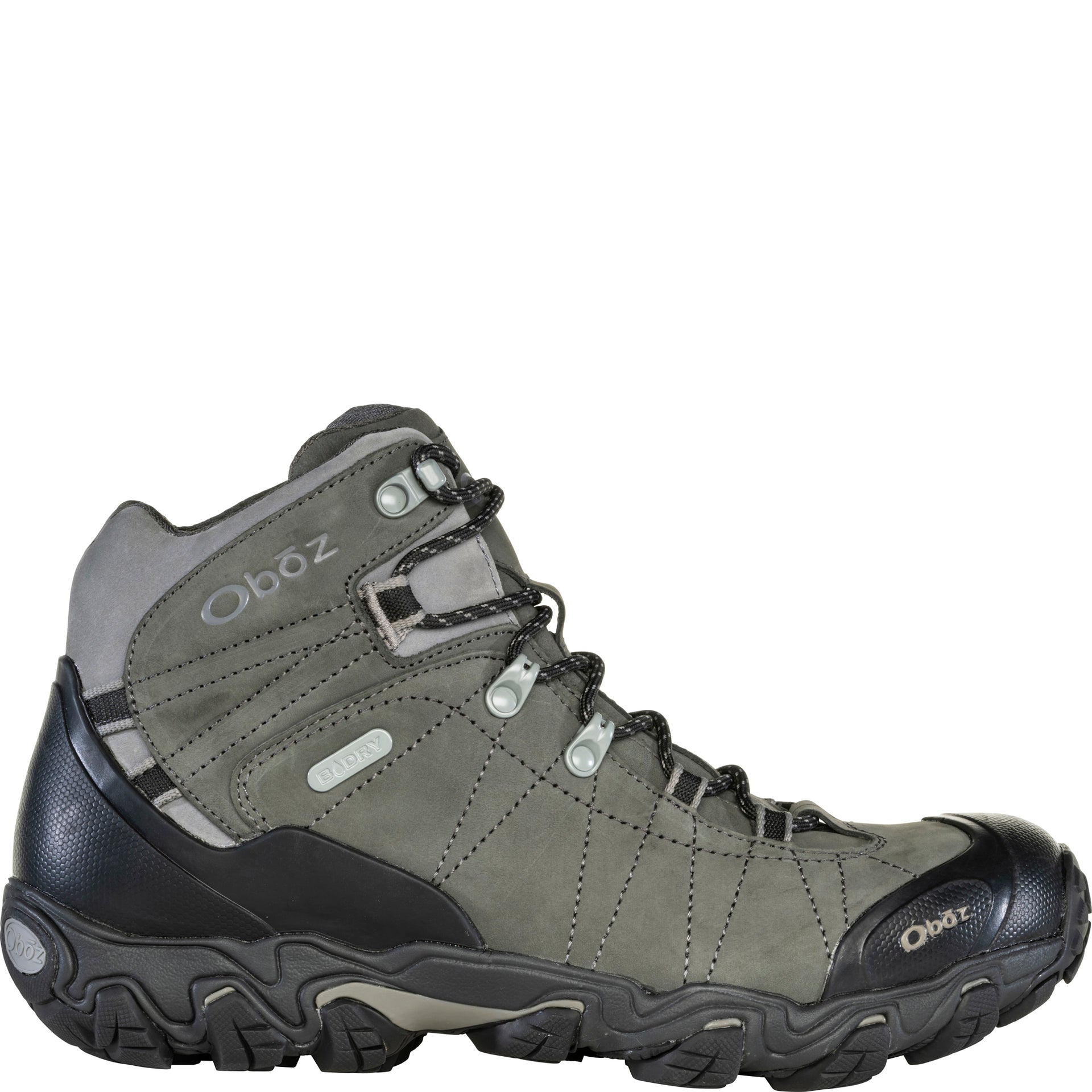 Oboz Bridger Mid Waterproof boot in Charcoal, outside view showing mid-height leather upper rubber heel and toe protection