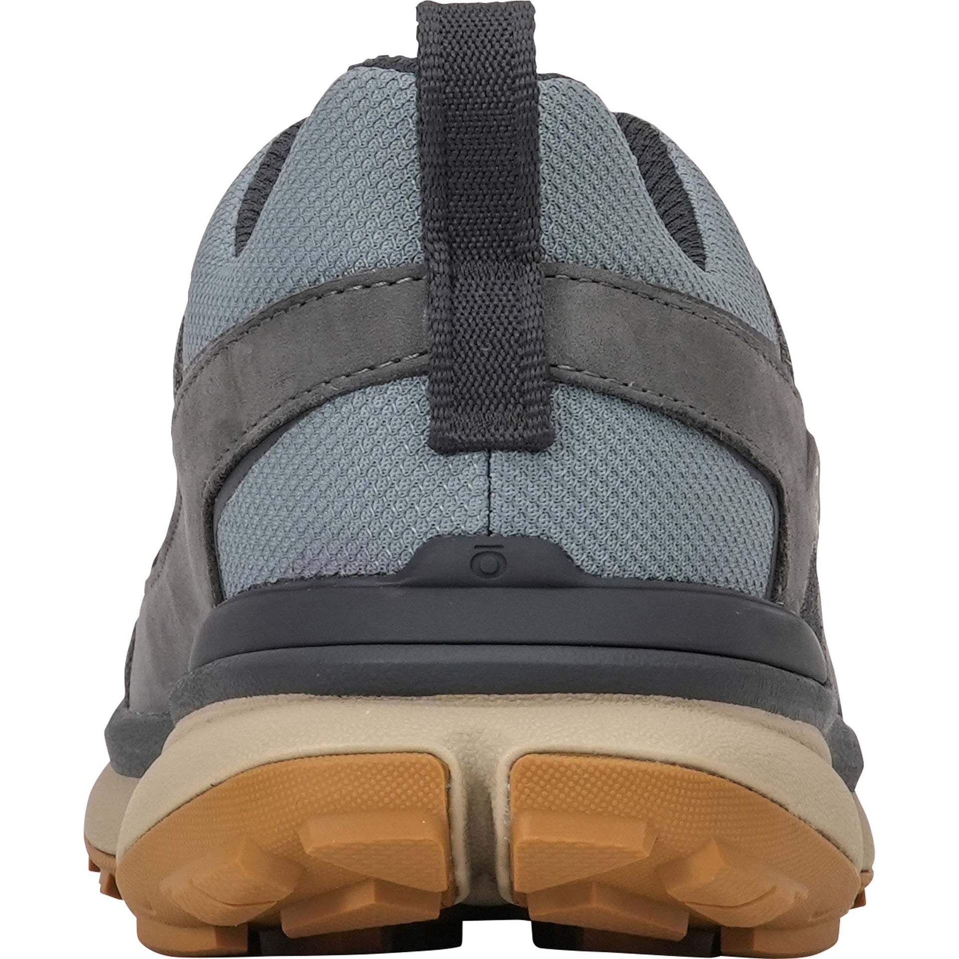 Back view of the Men's Hyalite Low Waterproof hiking shoe in the Shadow color showing the heel pull.