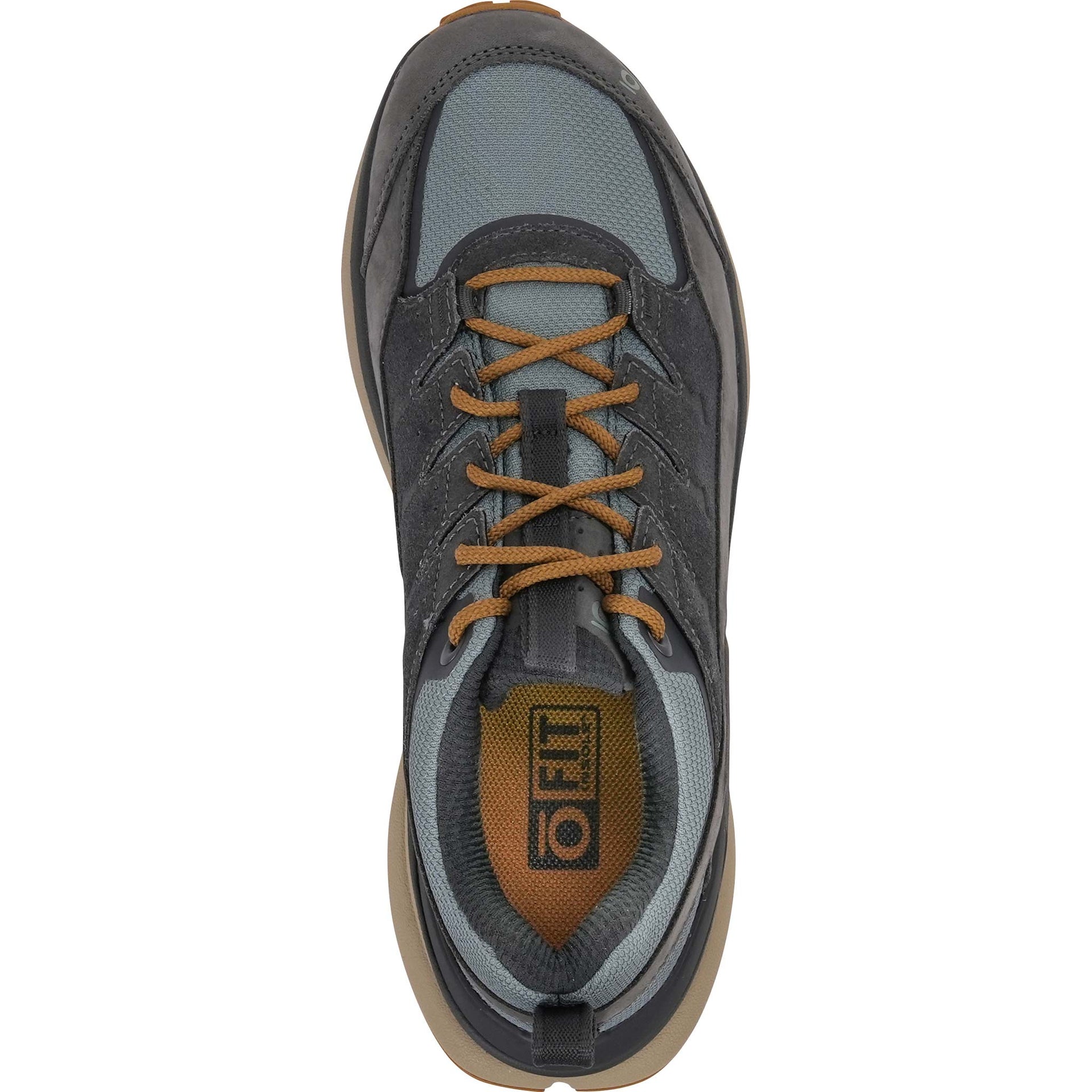 Top view of the Men's Hyalite Low Waterproof hiking shoe in the Eagle color showing the lacing closure.