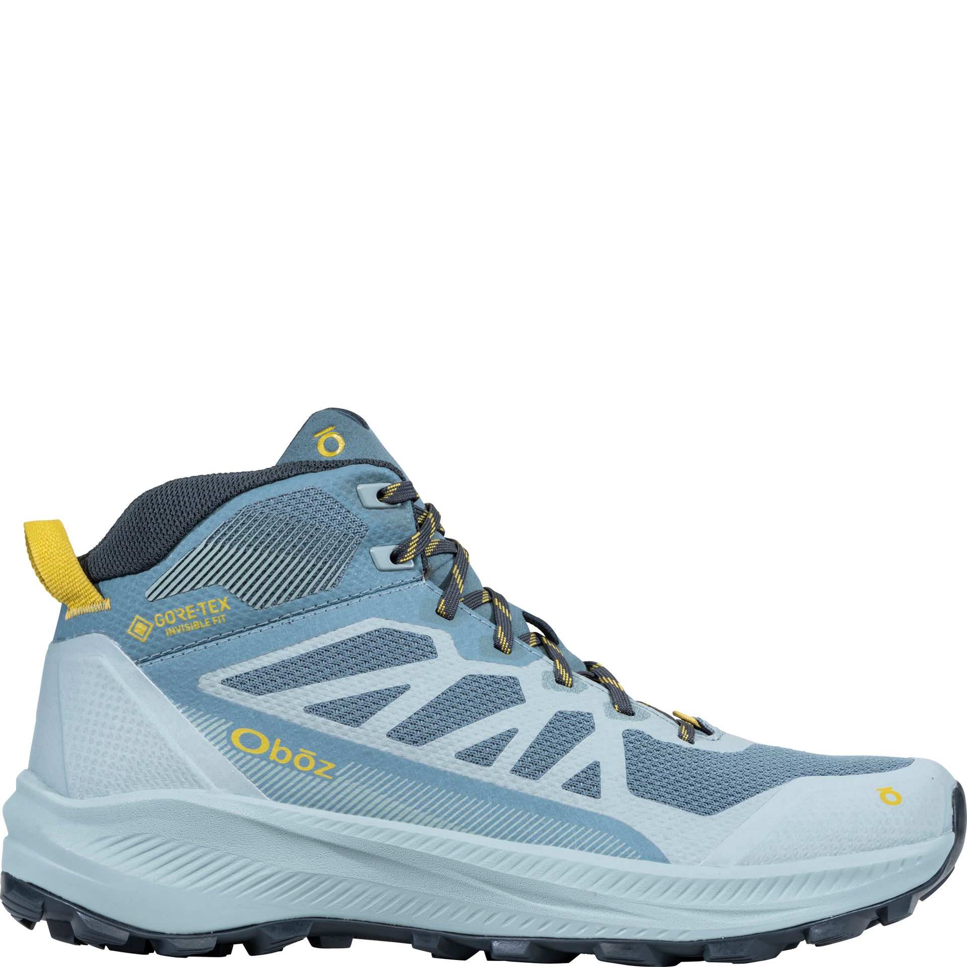 Men’s Oboz Katabatic LT Mid GORE-TEX Waterproof boot in Blue Conifer, outside view showing mid-cut breathable mesh upper
