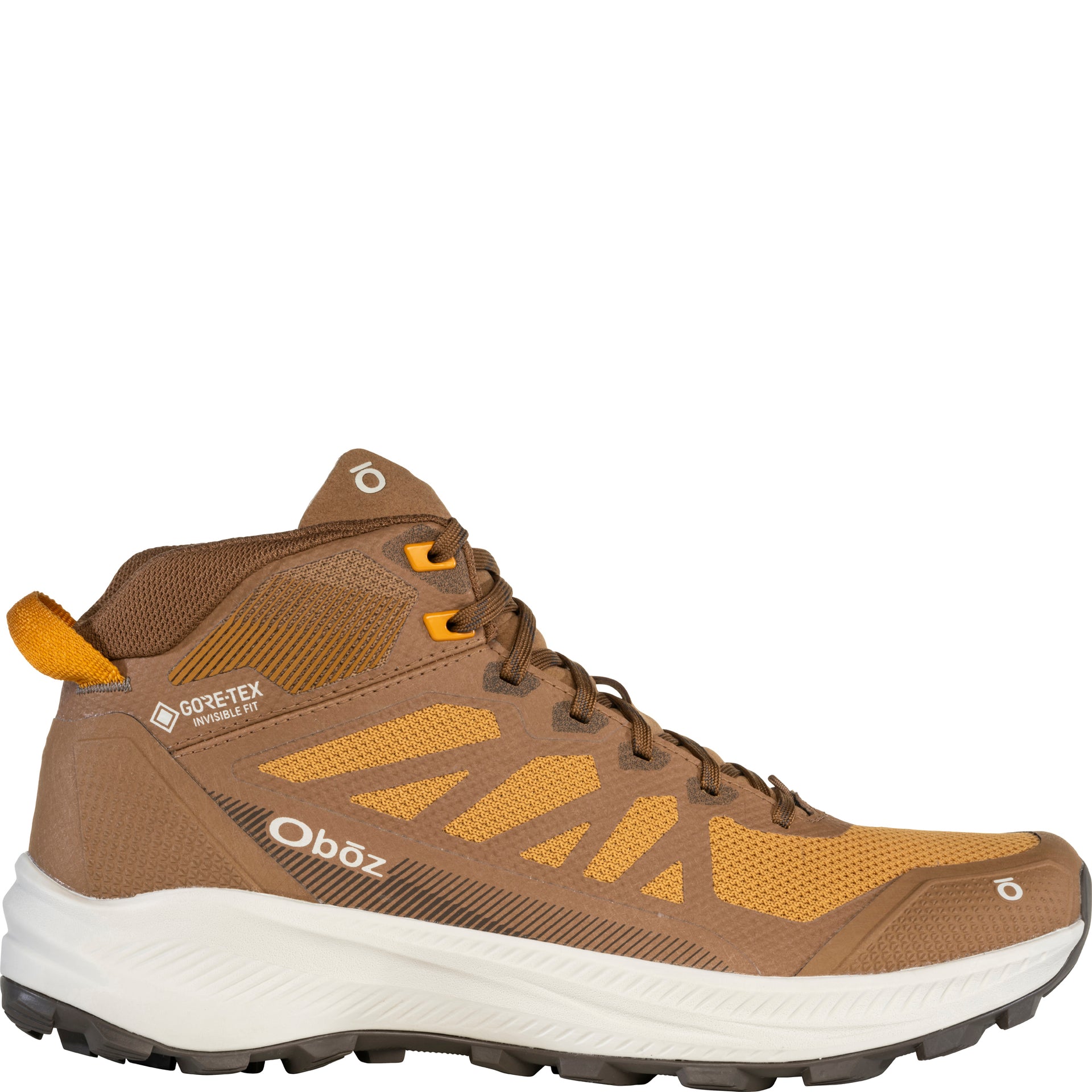 Men’s Oboz Katabatic LT Mid GORE-TEX Waterproof boot in Saddle, outside view showing mid-cut breathable mesh upper