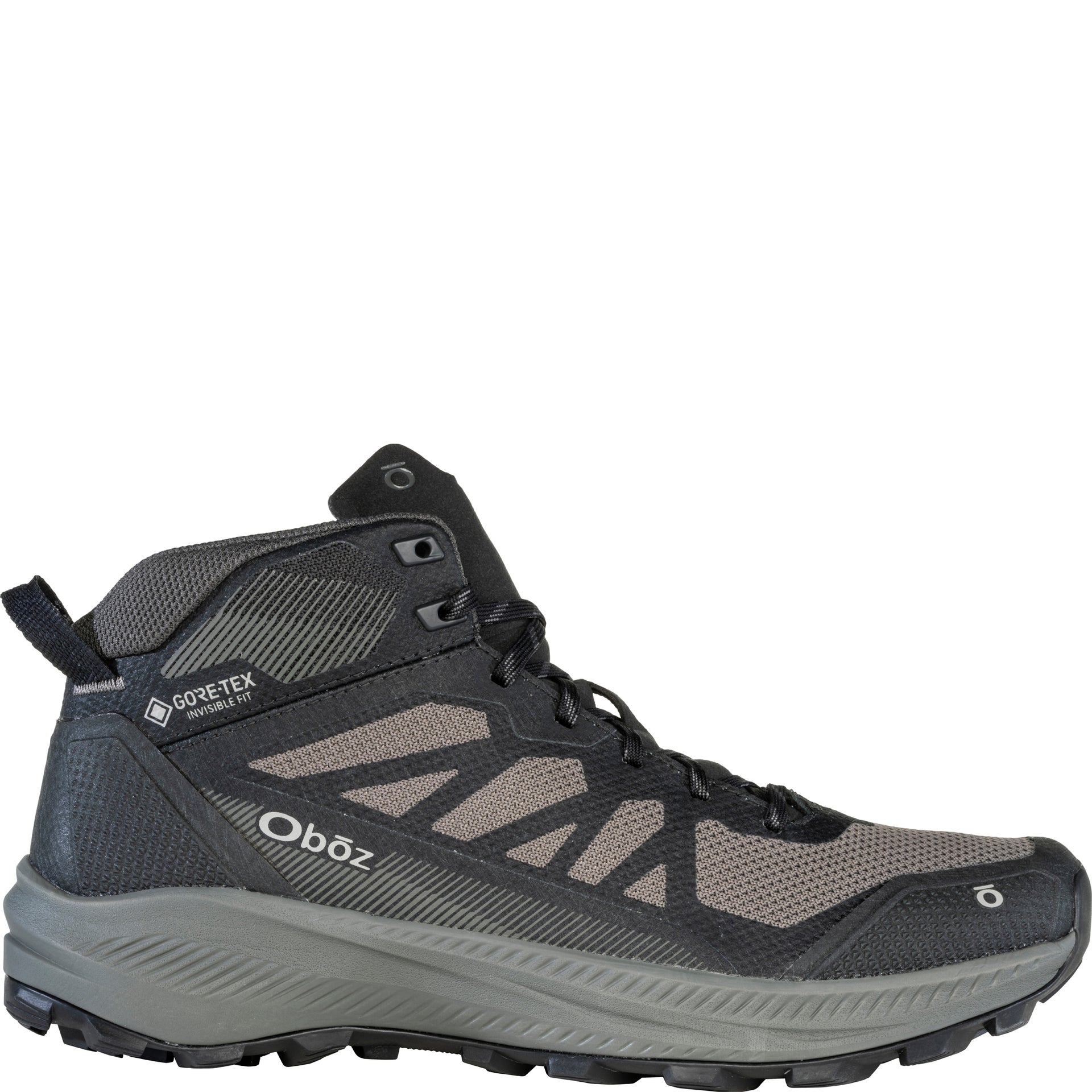 Men’s Oboz Katabatic LT Mid GORE-TEX Waterproof boot in Black Sea, outside view showing mid-cut breathable mesh upper