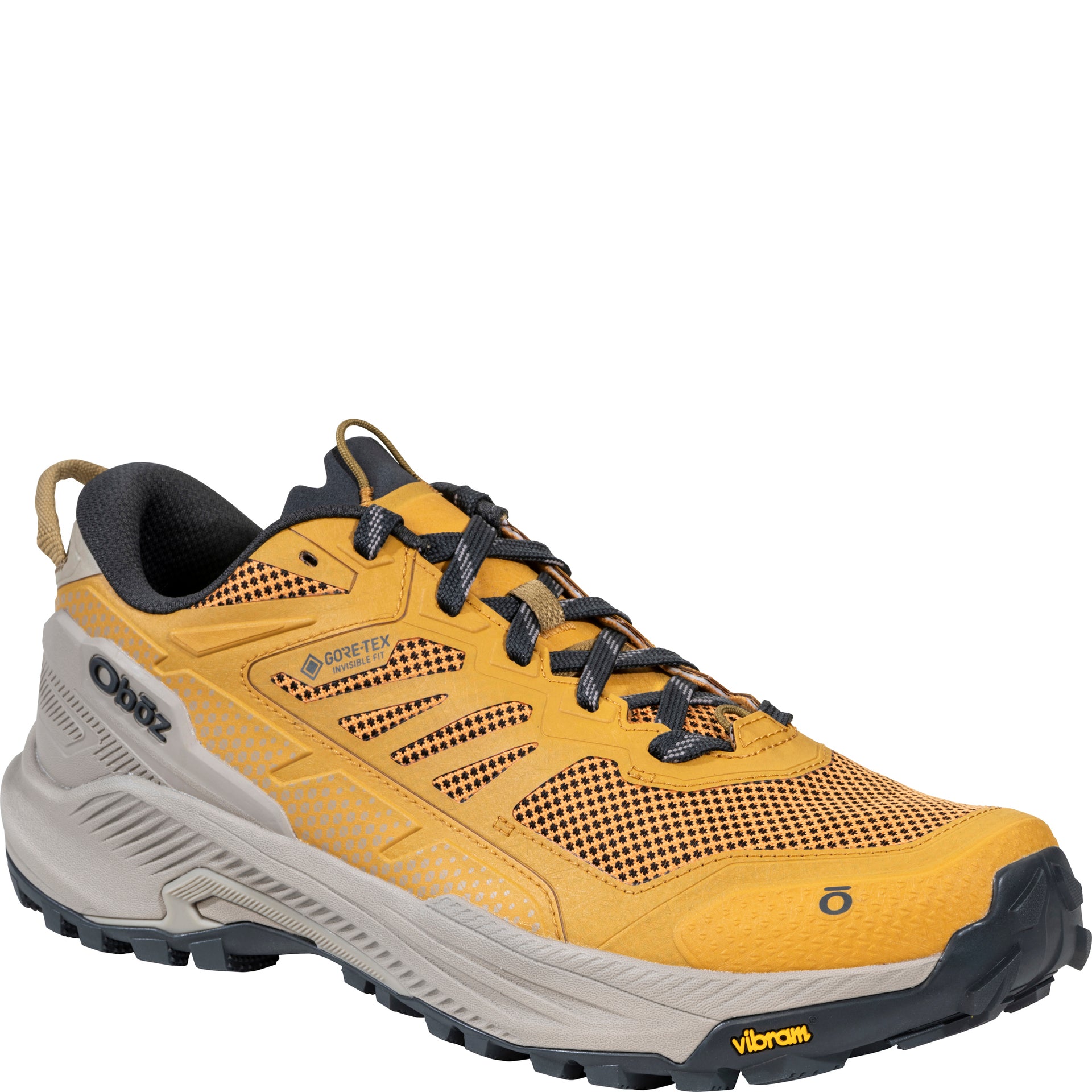 Men’s Katabatic RT Low GTX Waterproof shoe,
angled view showing reinforced toe and Vibram Megagrip rubber outsole