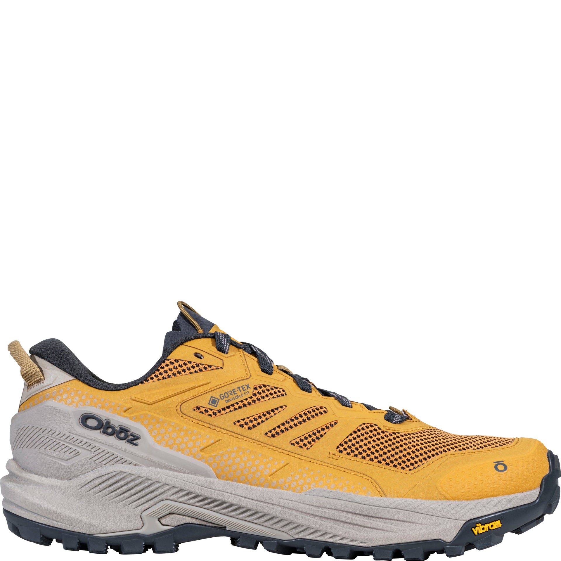 Men’s Oboz Katabatic RT Low GTX Waterproof shoe in Blaze orange, outside view showing durable ballistic mesh upper and lace-up design