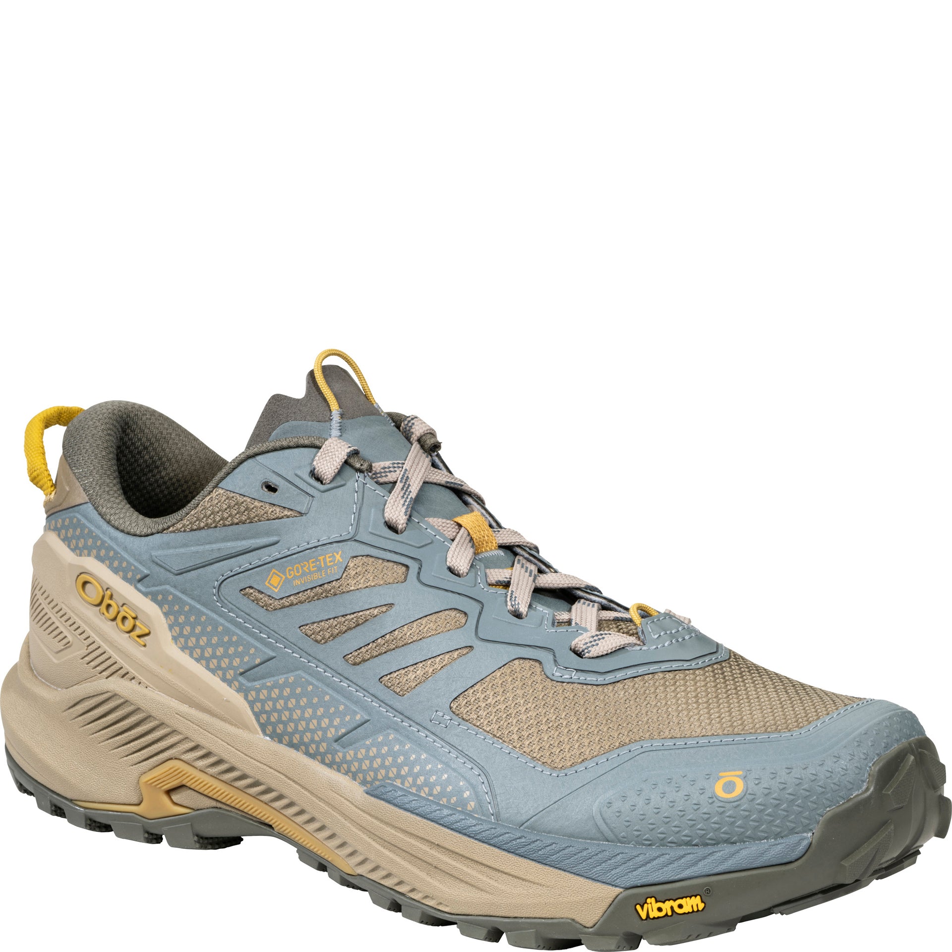 Men’s Katabatic RT Low GTX Waterproof shoe,
angled view showing reinforced toe and Vibram Megagrip rubber outsole