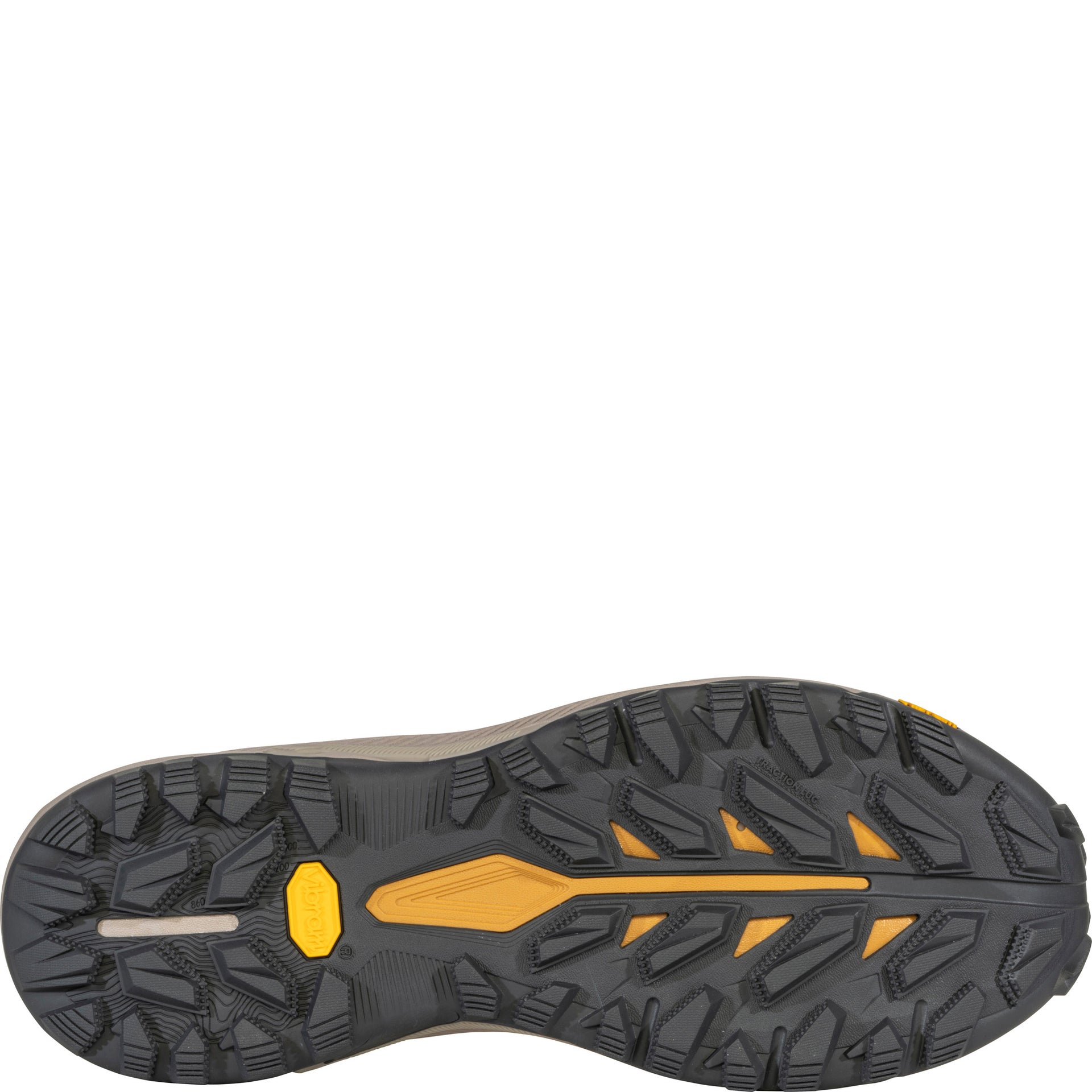 Men’s Katabatic RT Low GTX Waterproof shoe,
bottom view showing Vibram Megagrip rubber outsole tread