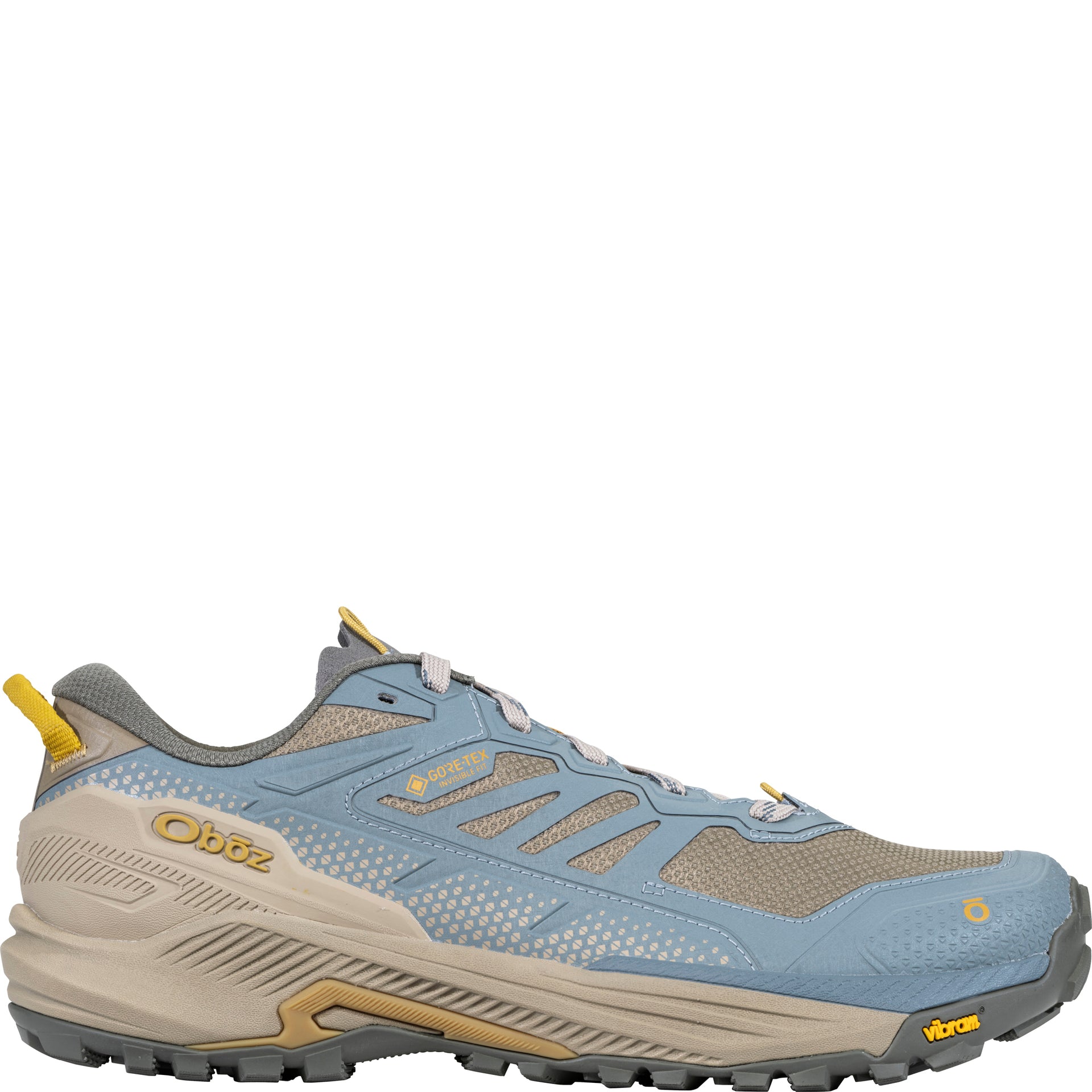 Men’s Oboz Katabatic RT Low GTX Waterproof shoe in Blue Conifer,
outside view showing durable ballistic mesh upper and lace-up design