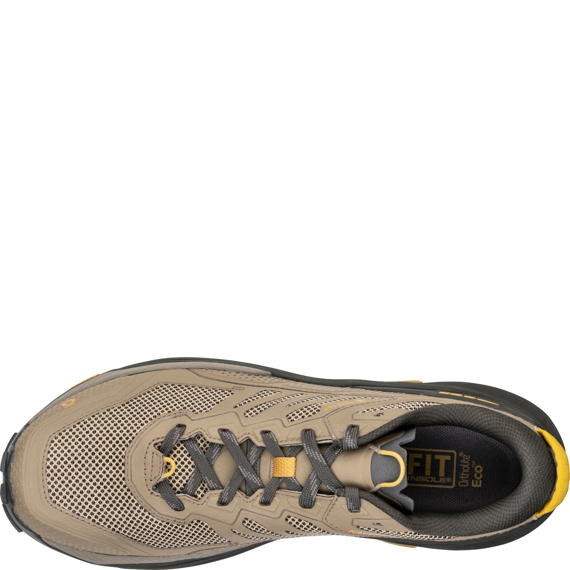 Men’s Katabatic RT Low GTX Waterproof shoe,
top view showing lace-up closure and Ortholite insole
