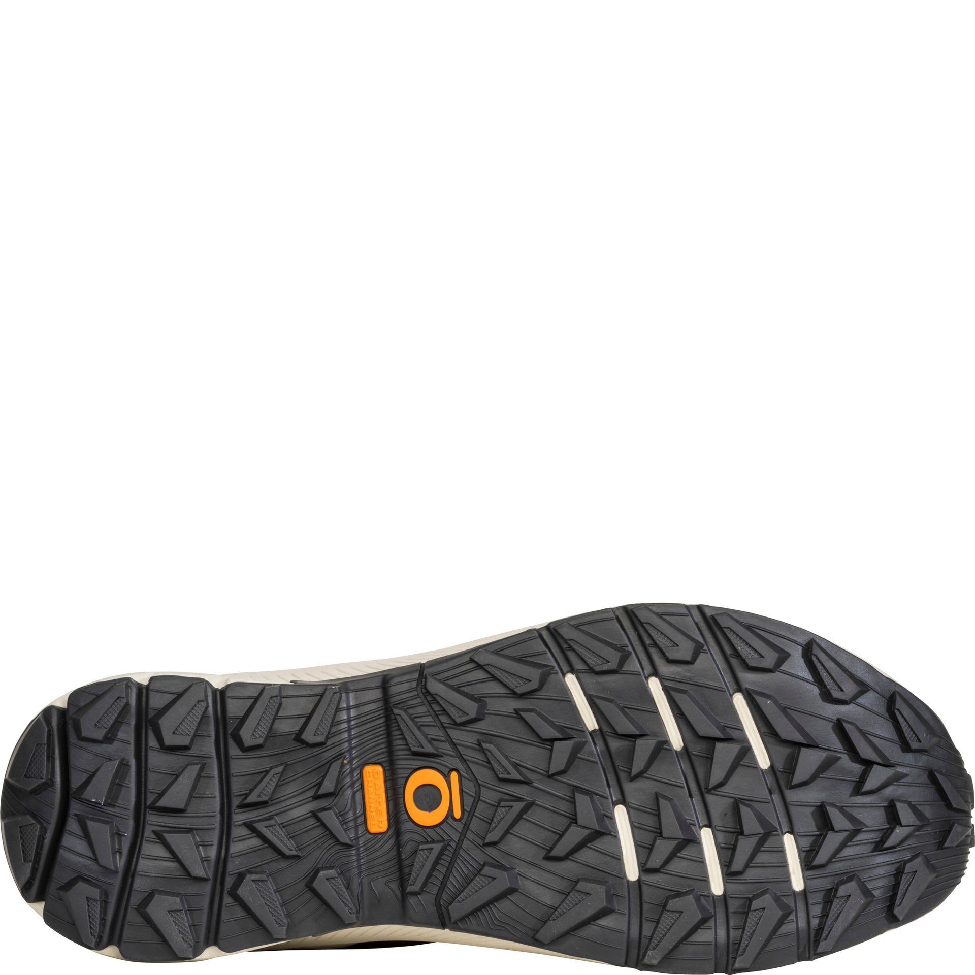 Bottom view of the Katabatic Wind low hiking shoe showing the lugged outsole for traction and the gaiter channel