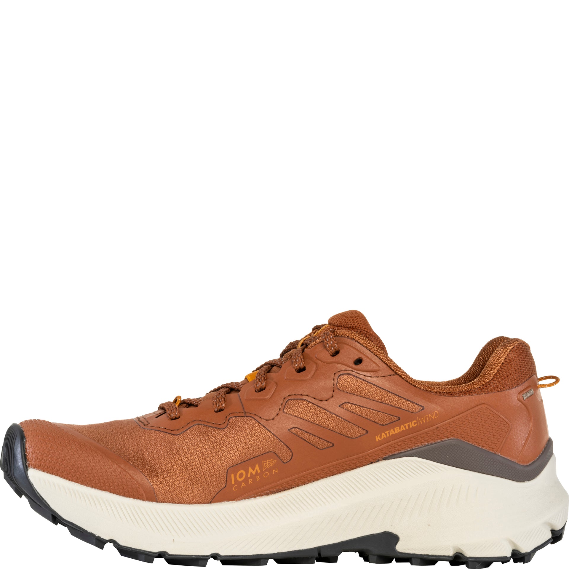 Inside view of the Katabatic Wind Low hiking shoe showing reinforced tpu panel and IOM carbon logo