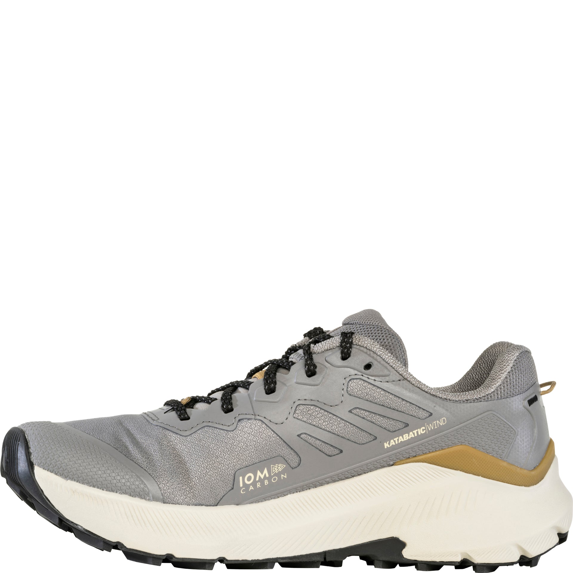 Inside view of the Katabatic Wind low hiking shoe showing reinforced panels and IOM carbon midsole logo