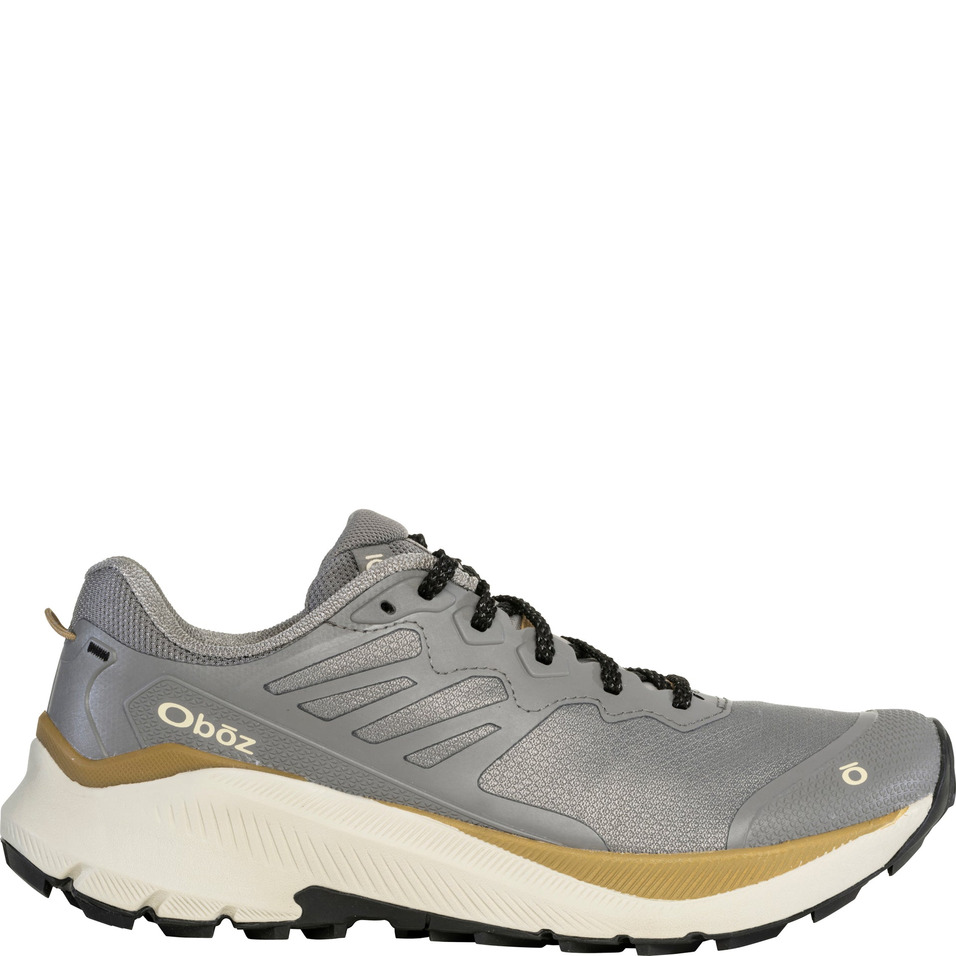 Outside view of the Oboz Katabatic Wind low hiking shoe in hazy gray showing the synthetic upper and logo