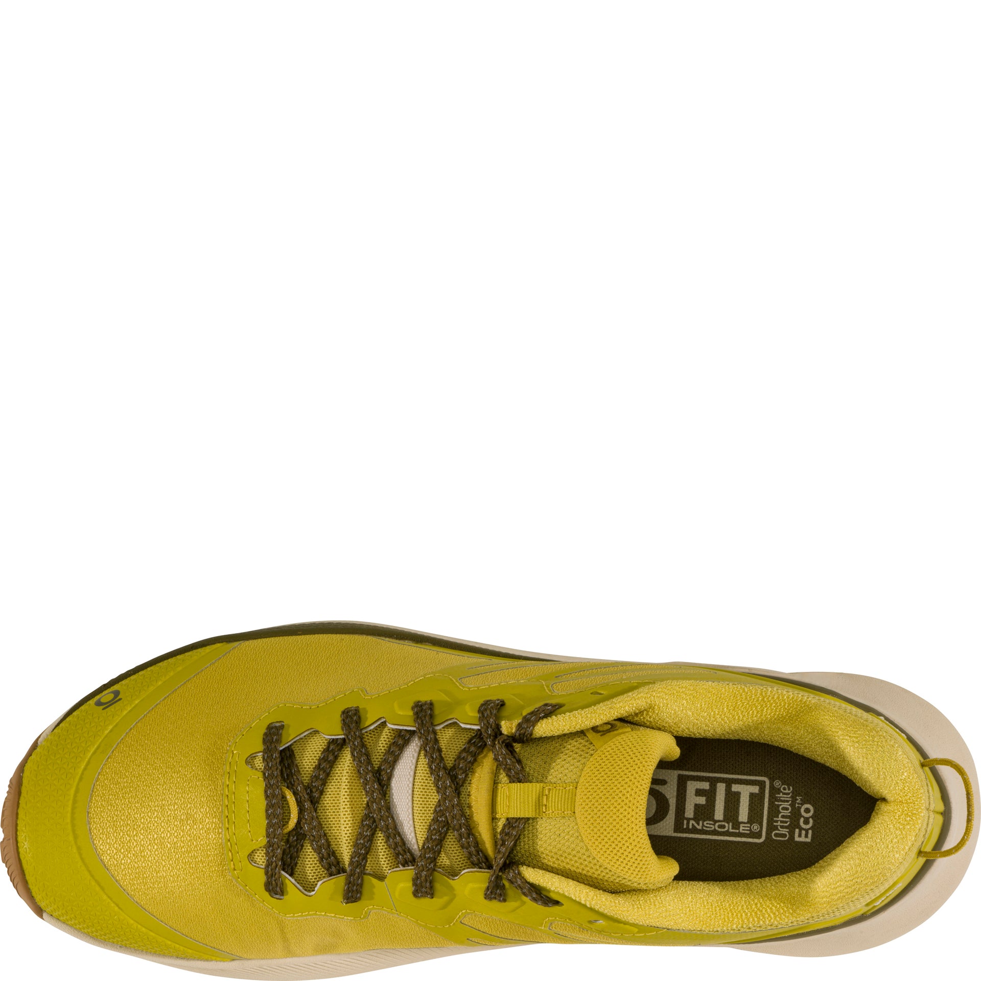 Top view of the Katabatic Wind low hiking shoe showing the lace system and Ortholite insole