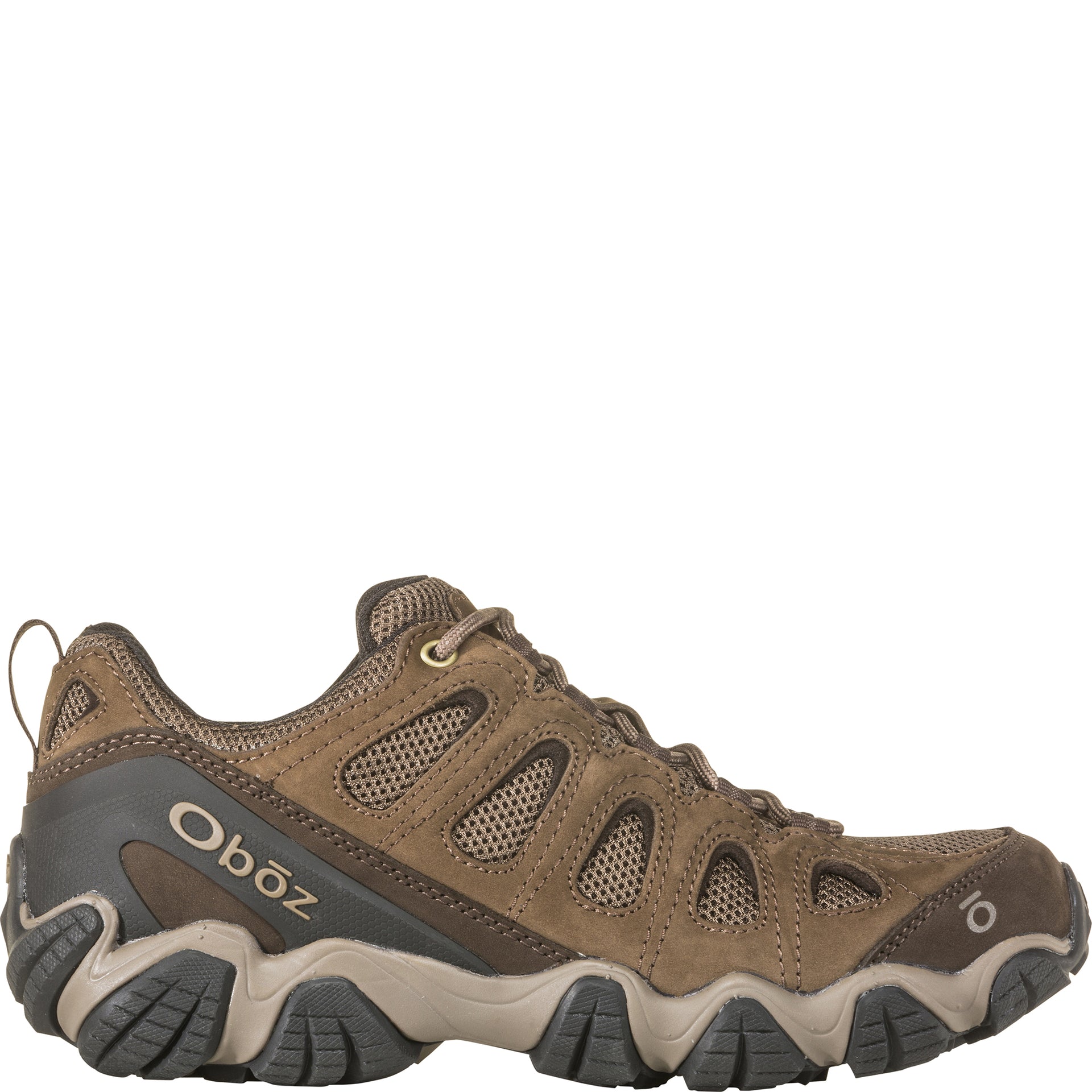 Oboz Men’s Sawtooth II Low shoe in Canteen Walnut brown, outside view the mesh ventilation and rugged outsole