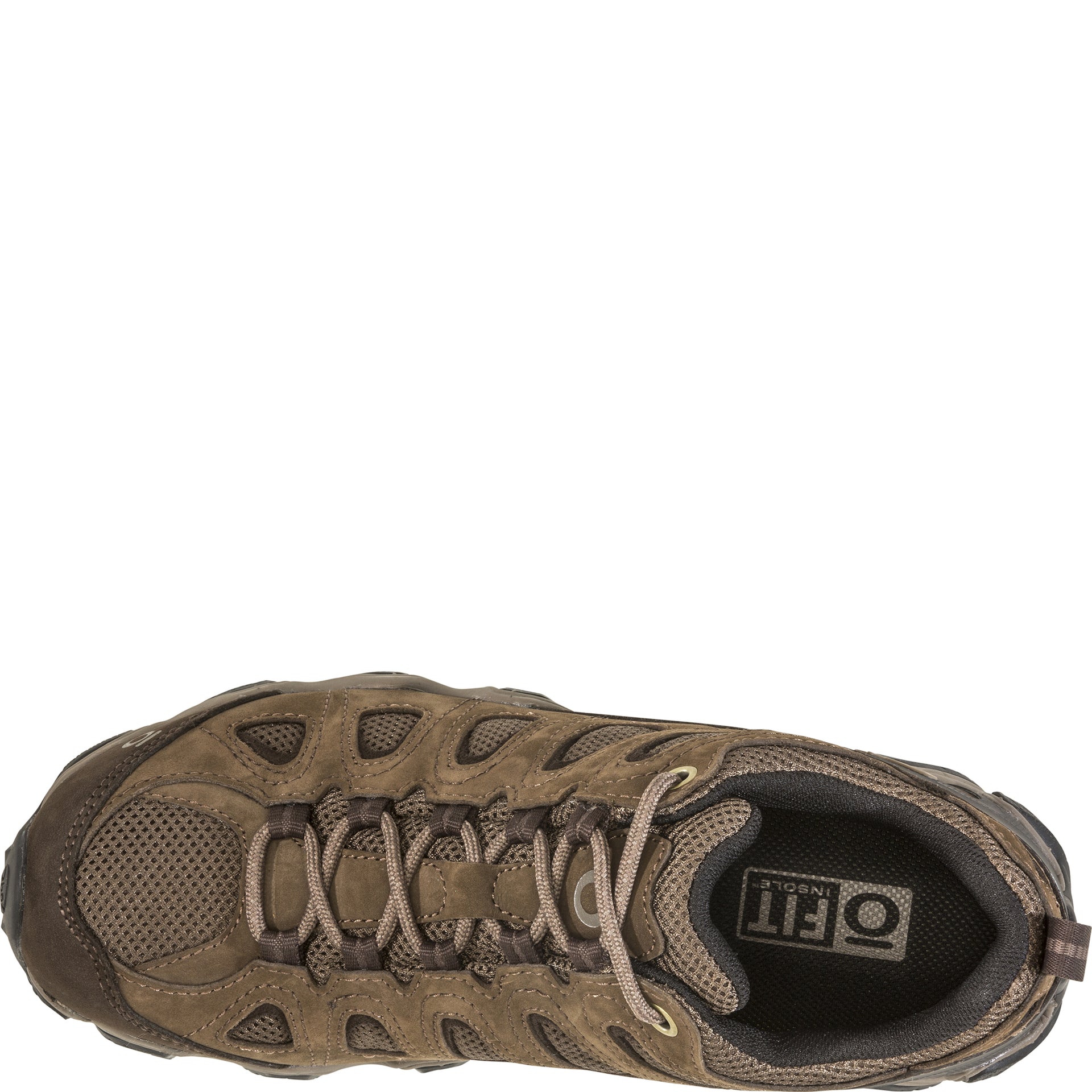 Oboz Men’s Sawtooth II Low shoe, top view showing the shoelaces and O Fit insole